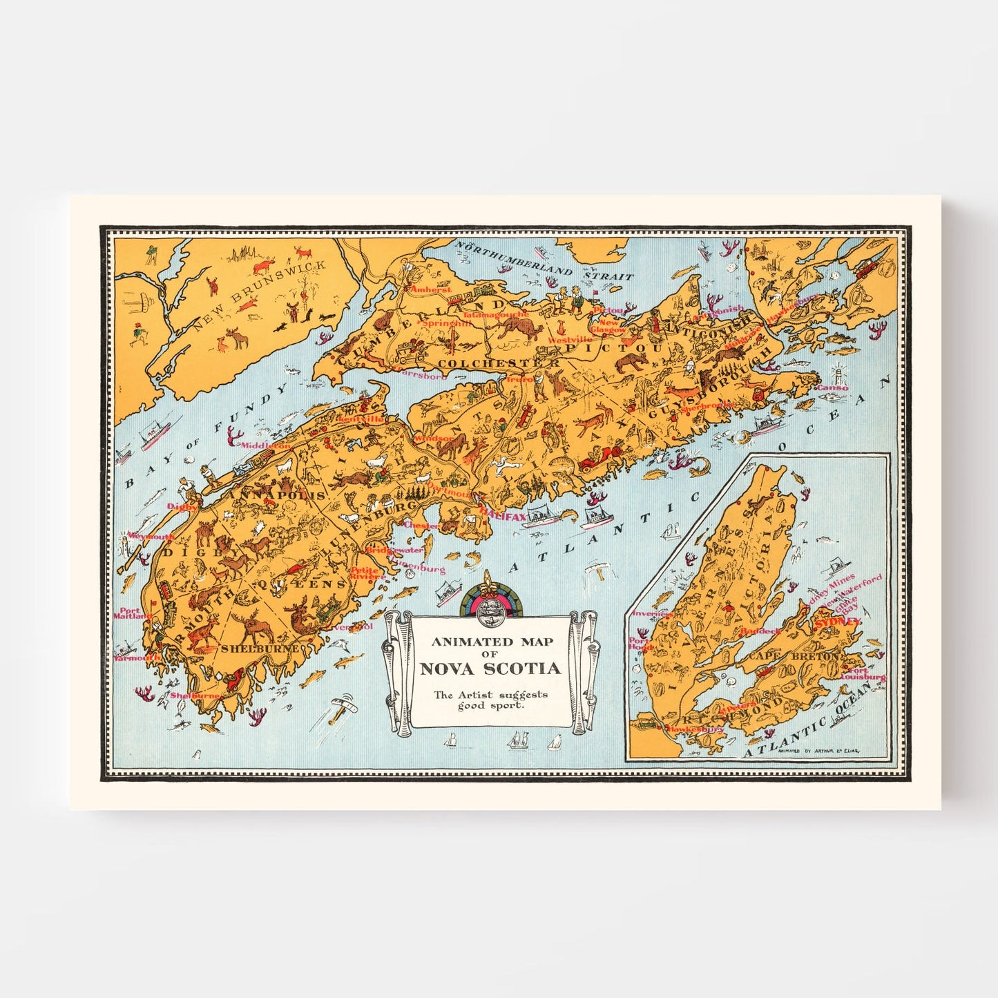 Vintage Map of Nova Scotia, Canada, 1929