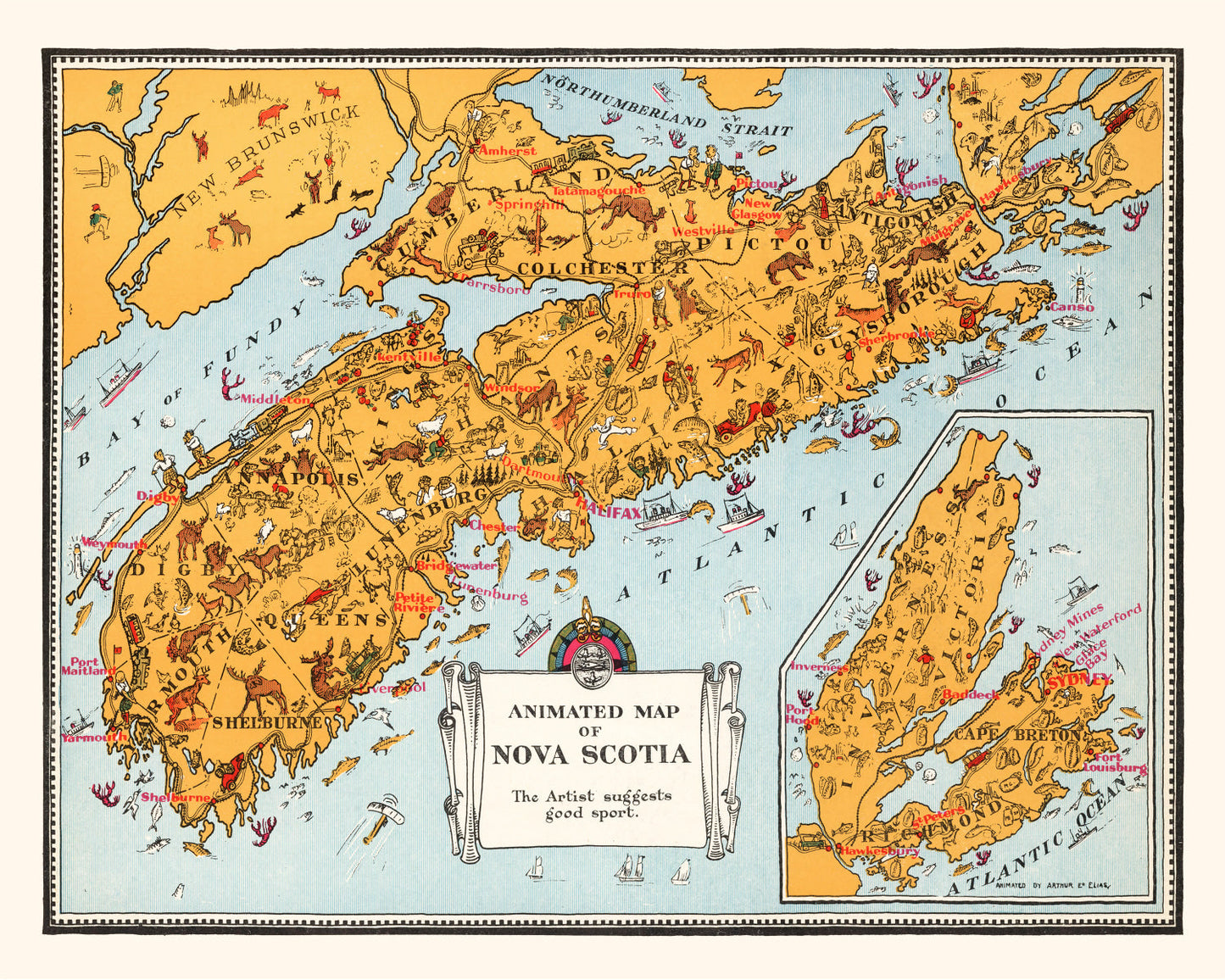 Vintage Map of Nova Scotia, Canada, 1929