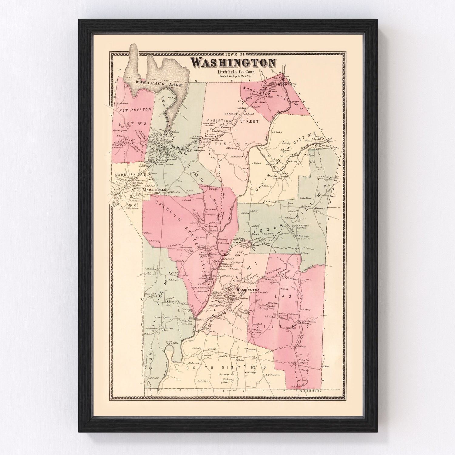 Vintage map of Washington, Connecticut, 1867 - Litchfield County restored print