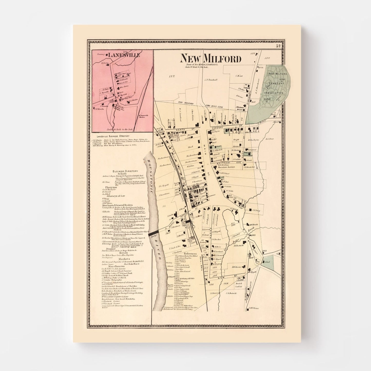 Vintage Map of Lanesville, Connecticut, 1867