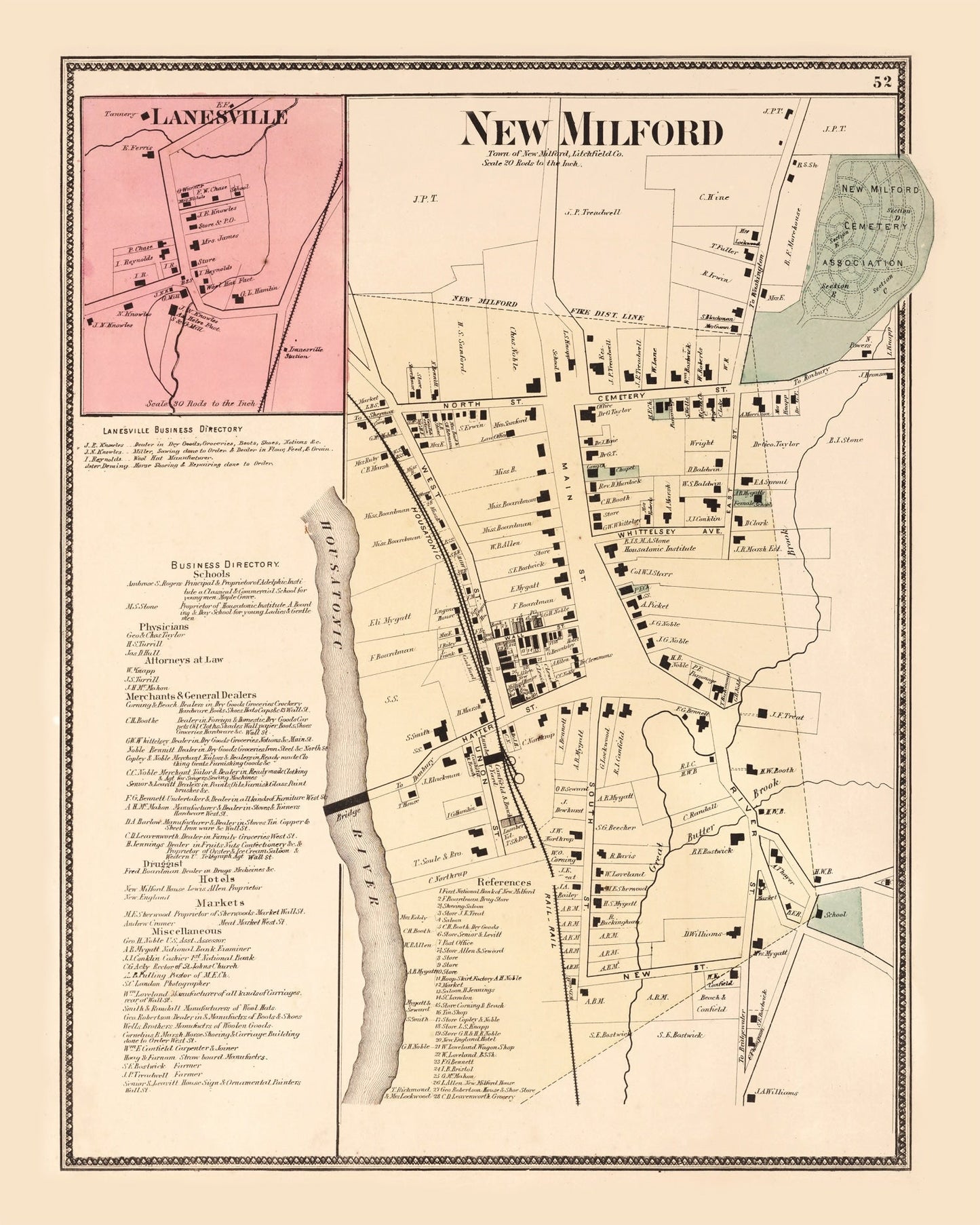 Vintage Map of Lanesville, Connecticut, 1867