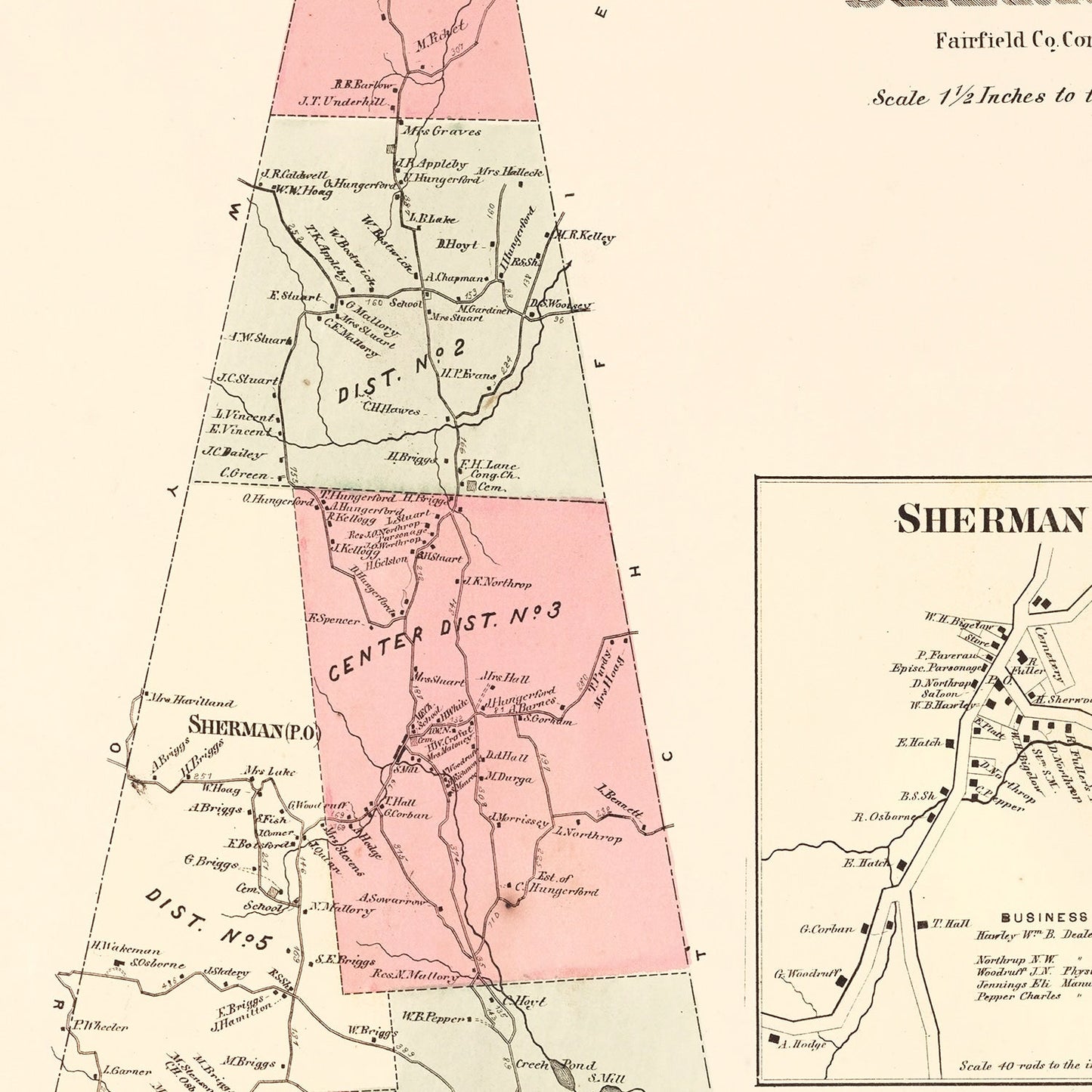 Vintage Map of Sherman, Connecticut, 1867