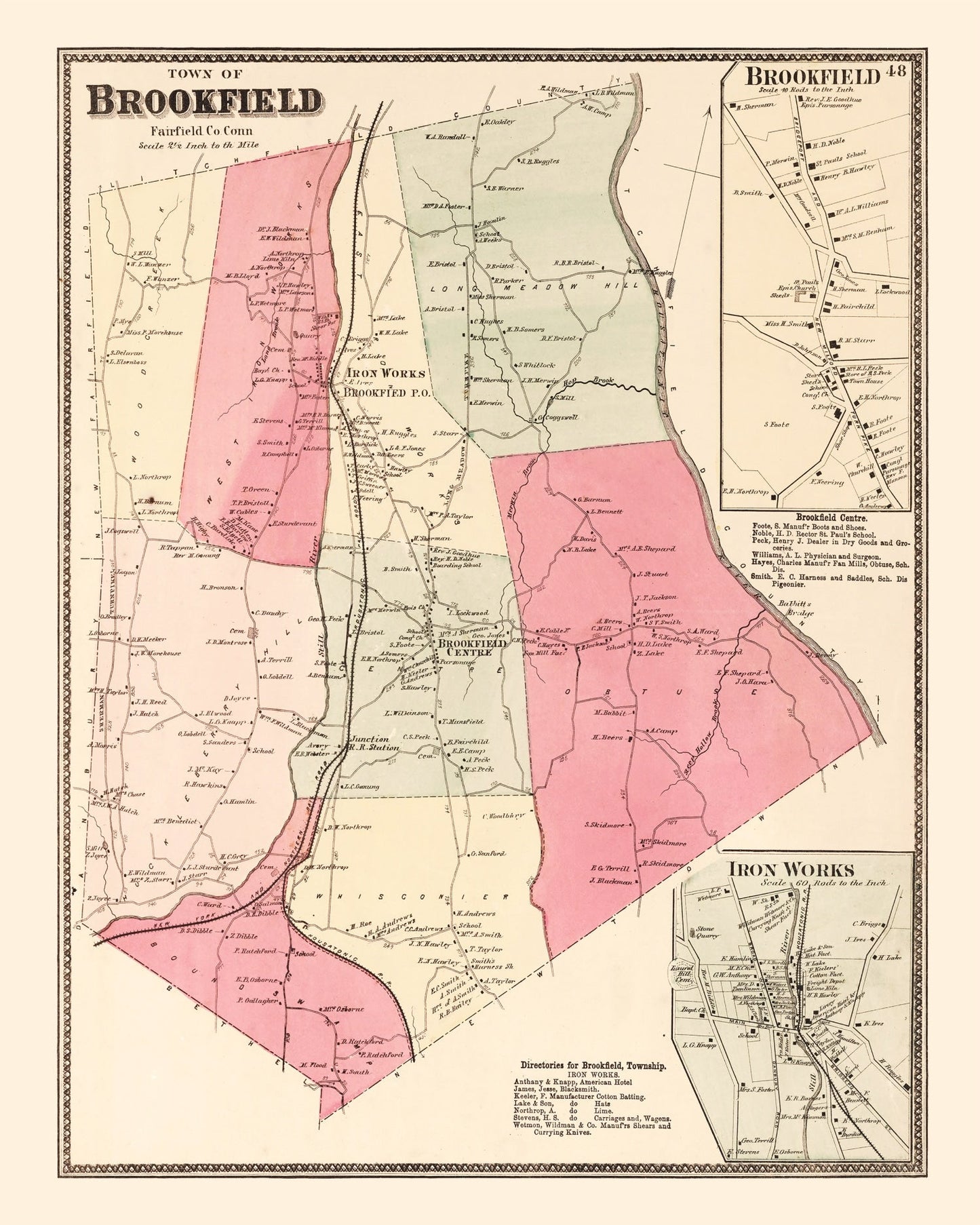Vintage Map of Brookfield, Connecticut 1867