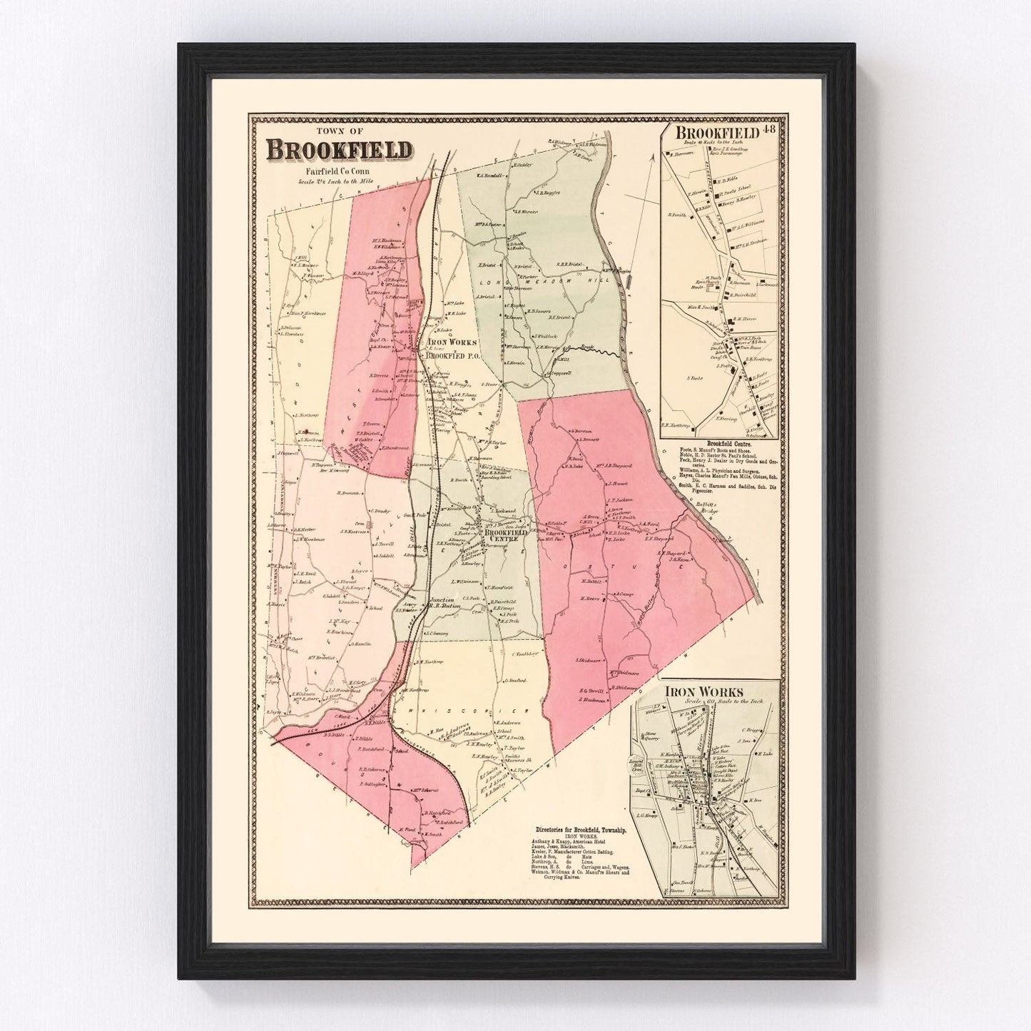 vintage map of Brookfield Connecticut 1867, restored print wall art