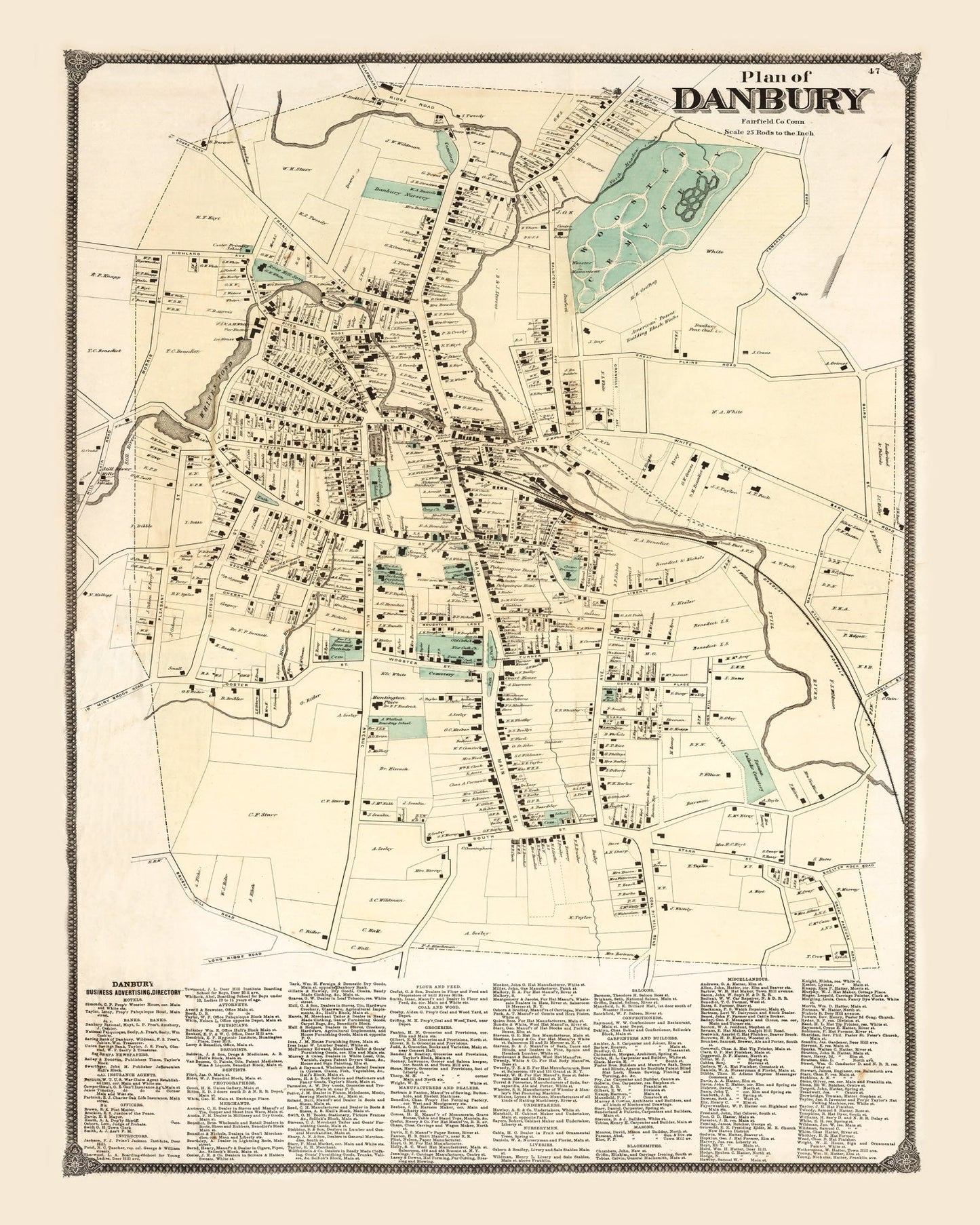 Vintage Map of Danbury, Connecticut, 1867