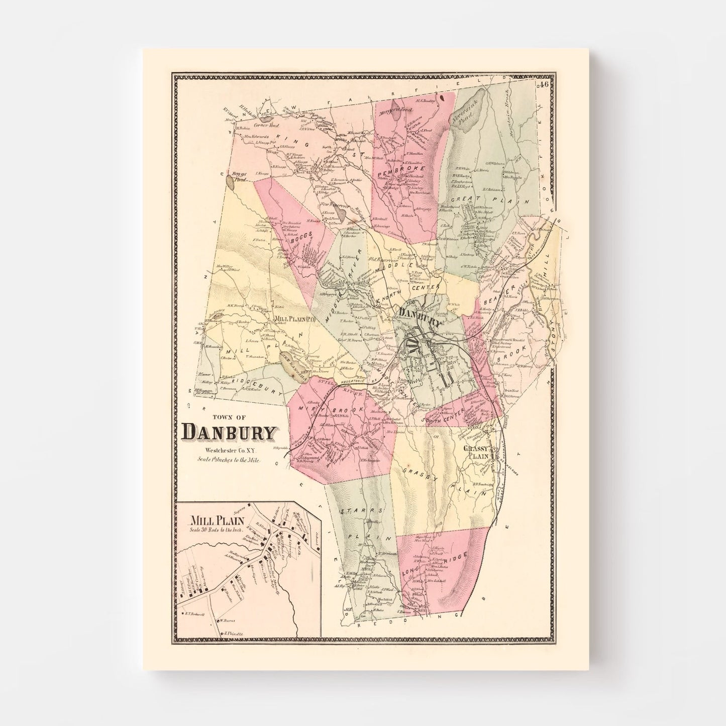 Vintage Map of Mill Plain, Connecticut, 1867