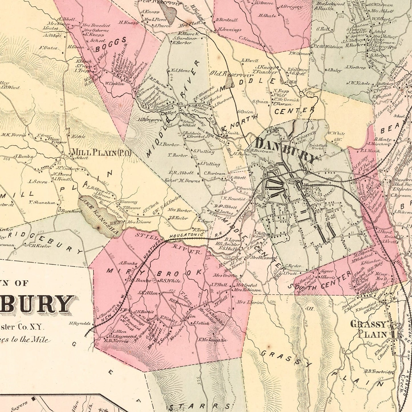 Vintage Map of Mill Plain, Connecticut, 1867