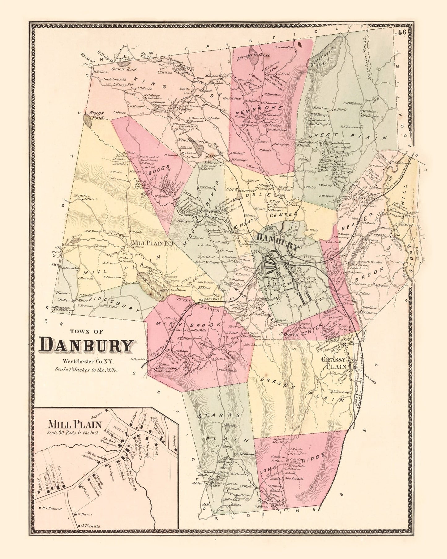 Vintage Map of Mill Plain, Connecticut, 1867