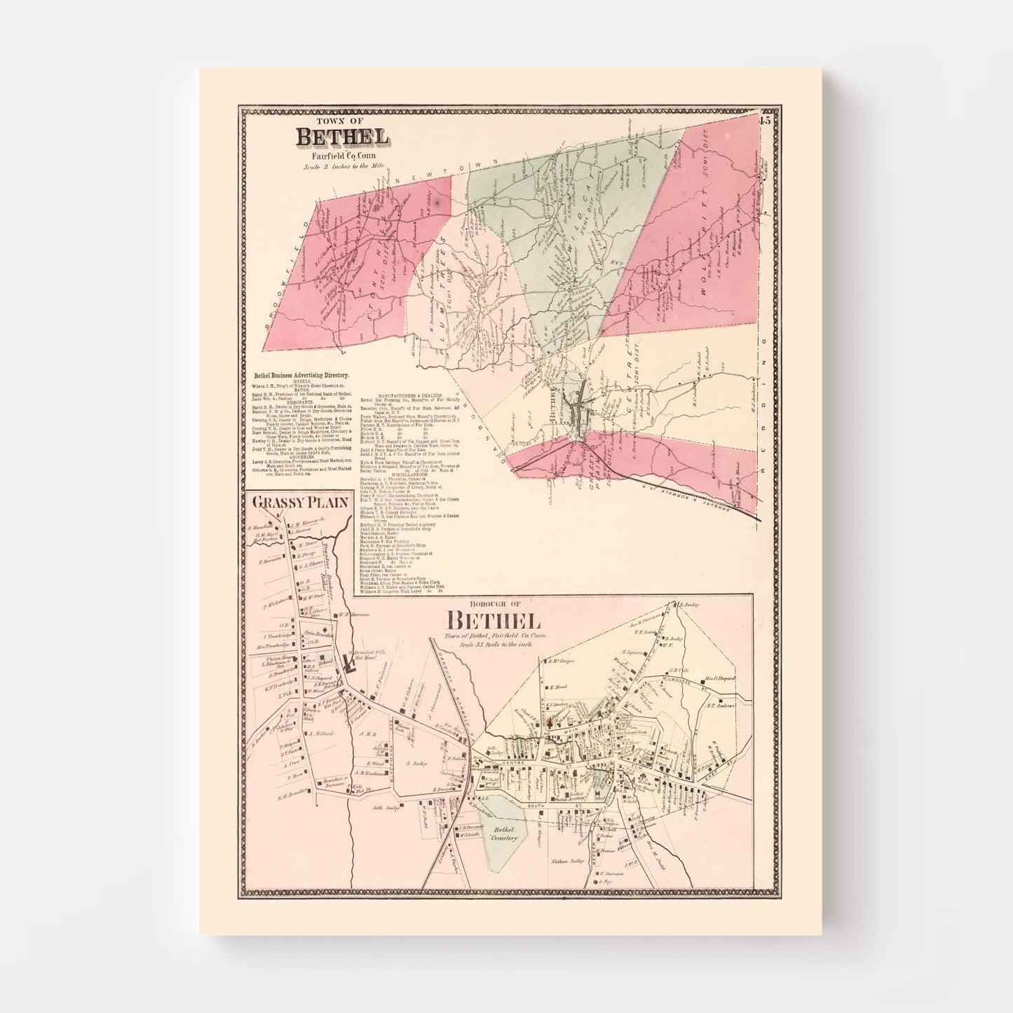 Vintage Map of Grassy Plain, Connecticut, 1867