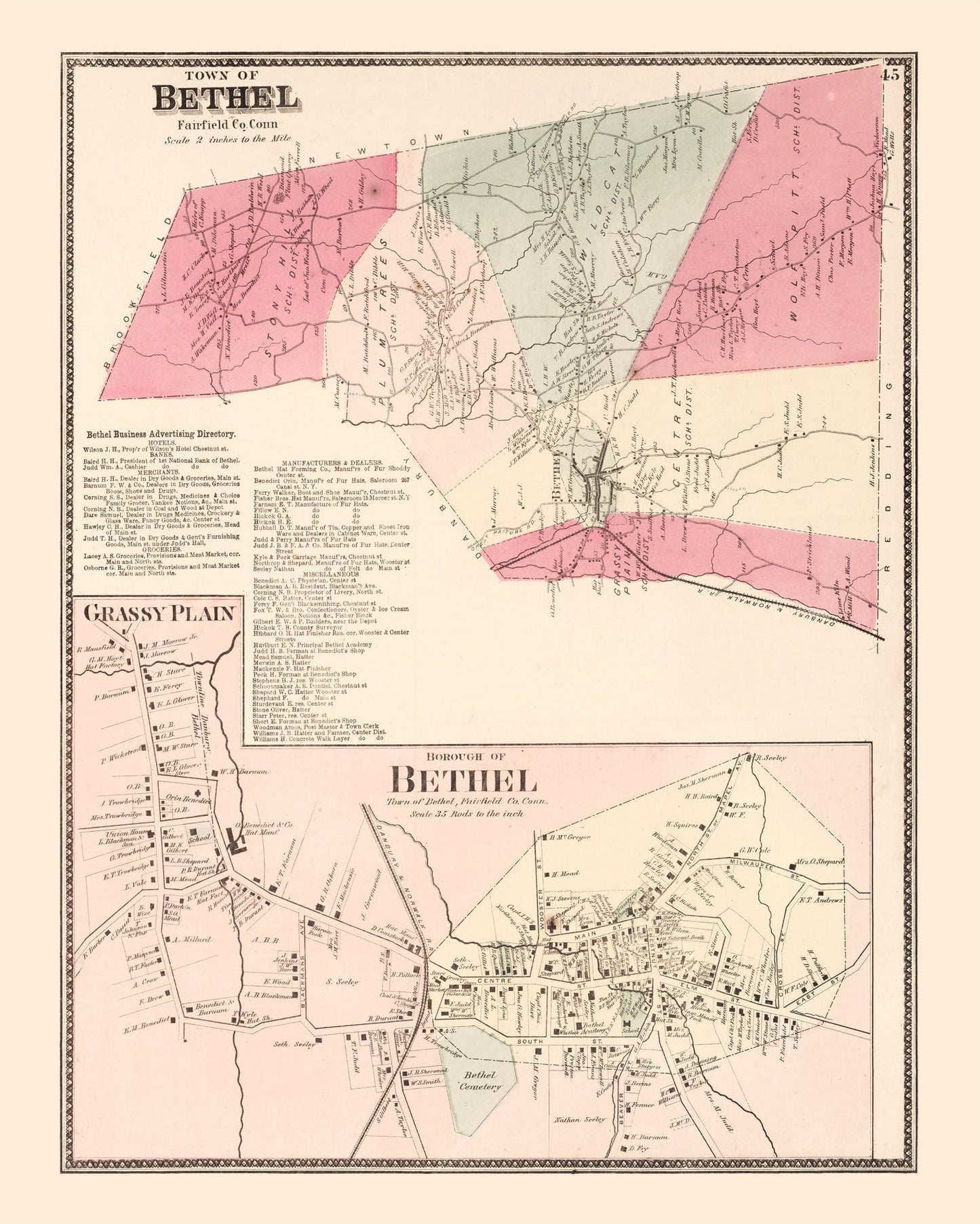 Vintage Map of Grassy Plain, Connecticut, 1867