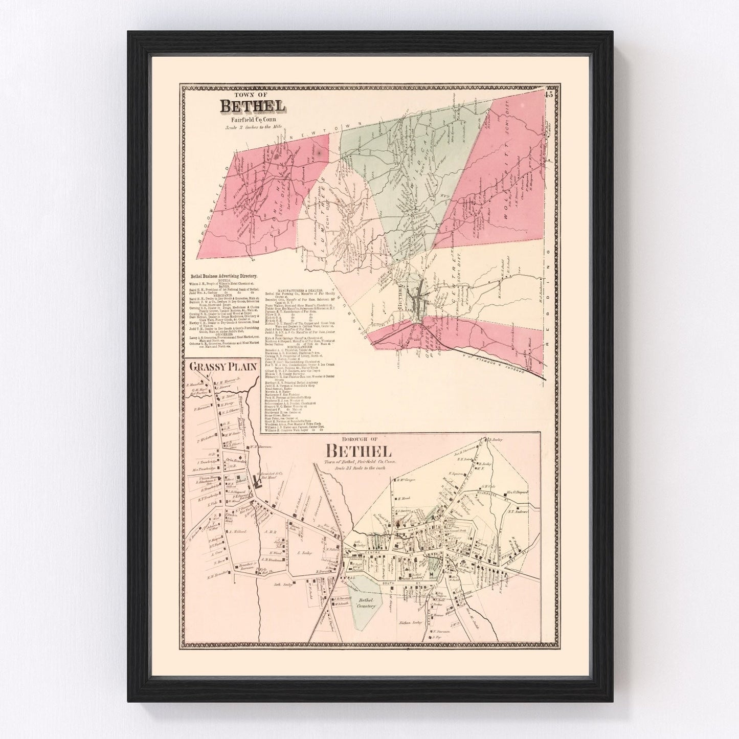 Vintage map of Grassy Plain, Connecticut, 1867