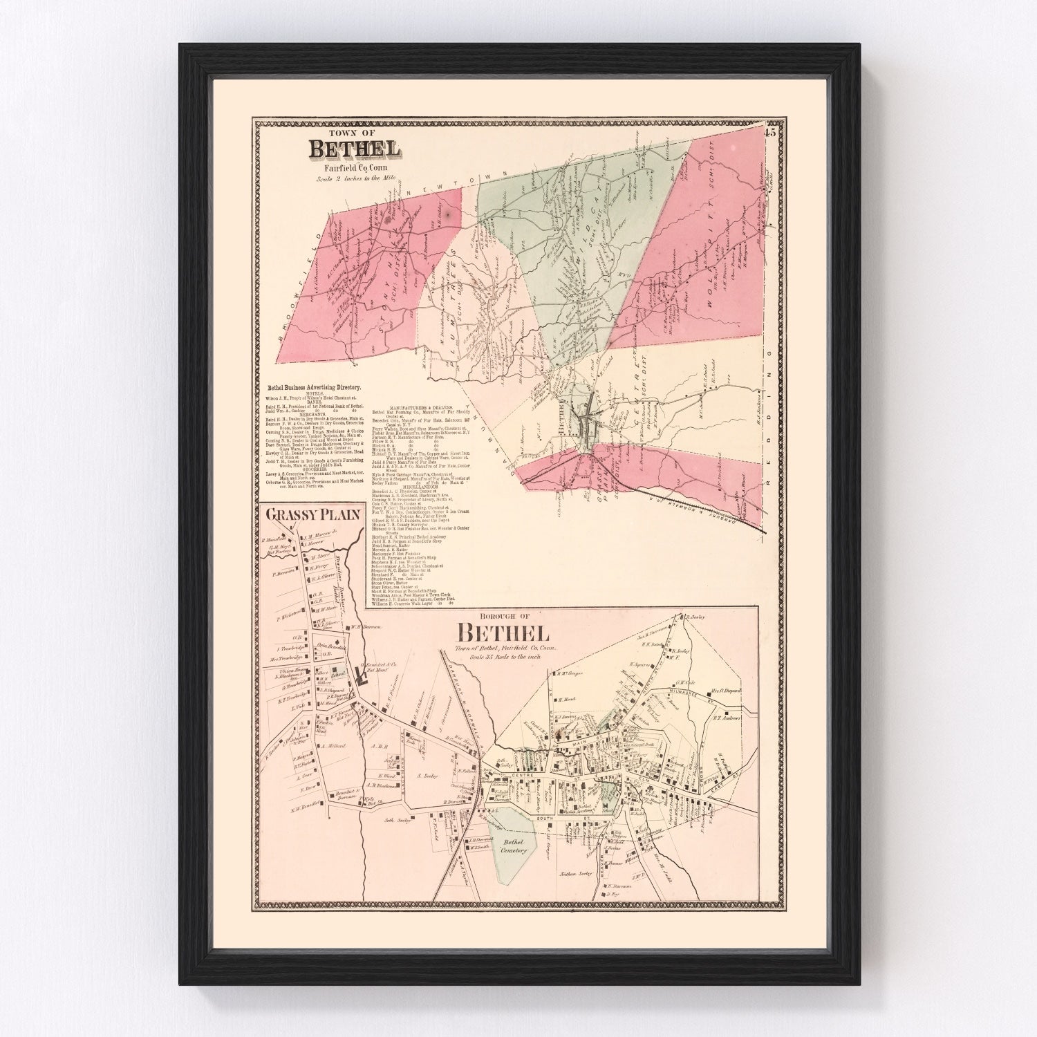 Vintage map of Grassy Plain, Connecticut, 1867