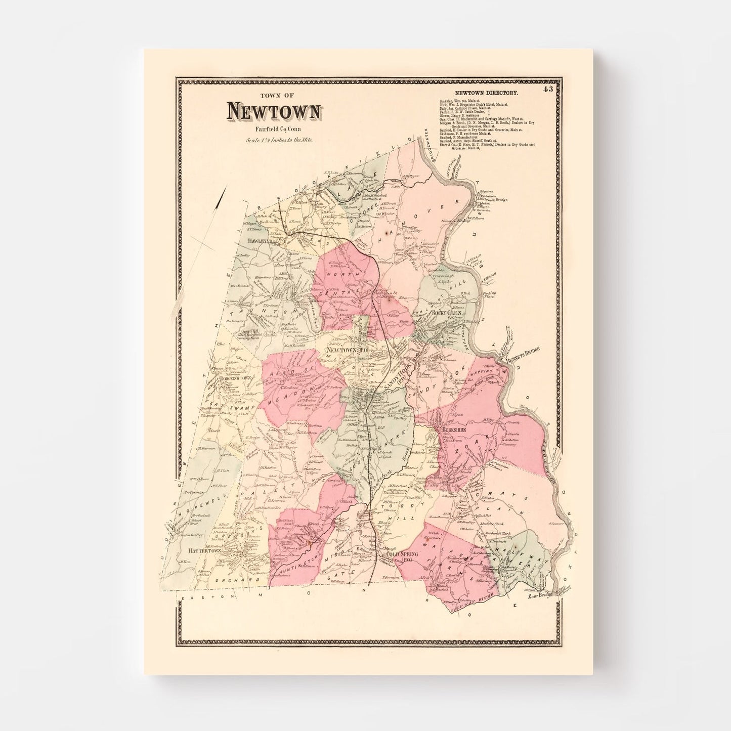 Vintage Map of Newtown, Connecticut, 1867