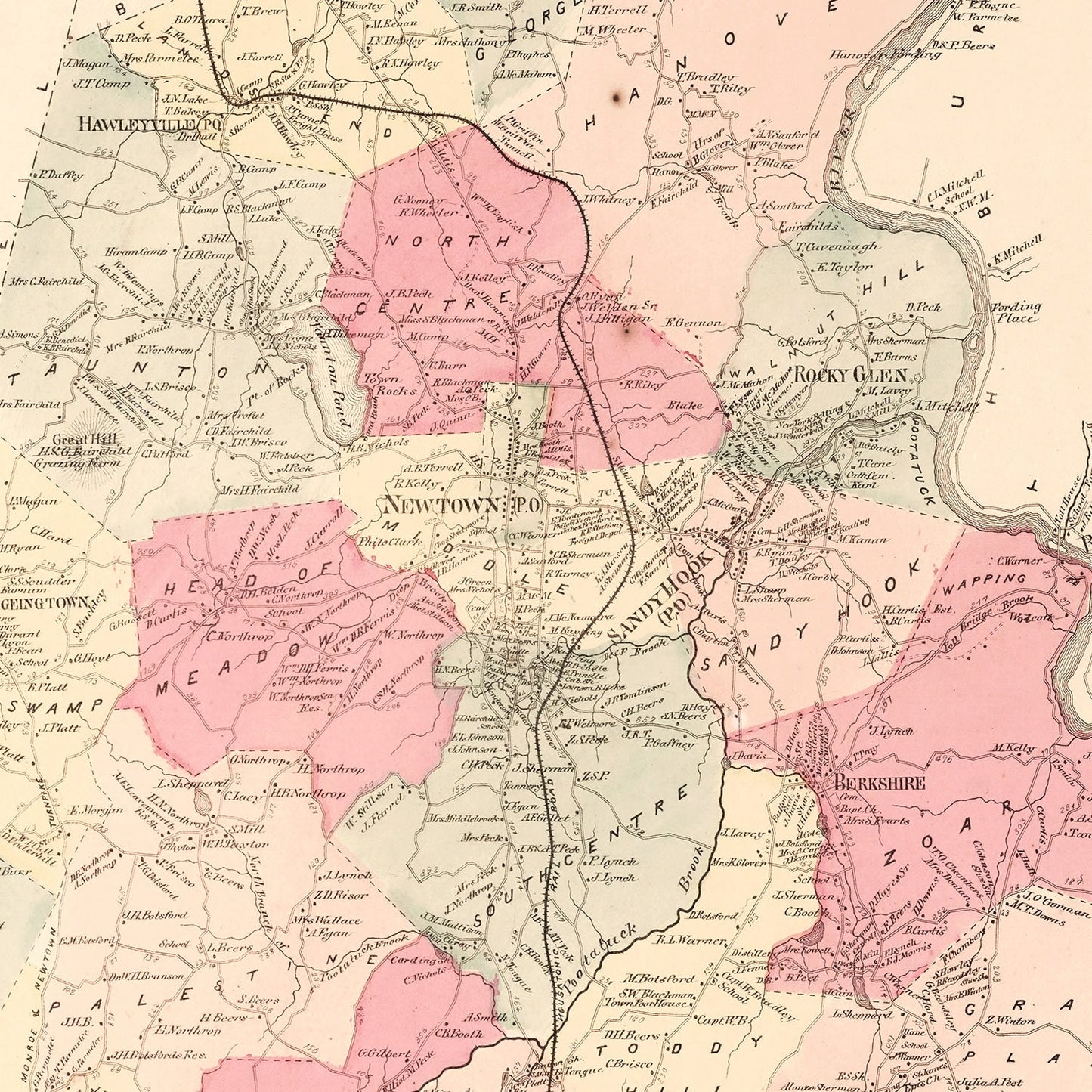 Vintage Map of Newtown, Connecticut, 1867