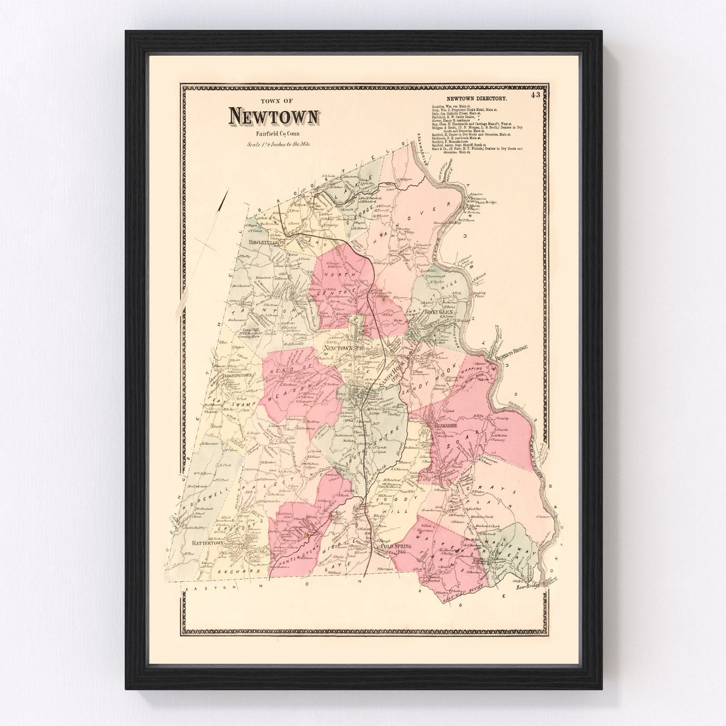 Vintage map of Newtown, Fairfield County, Connecticut, 1867
