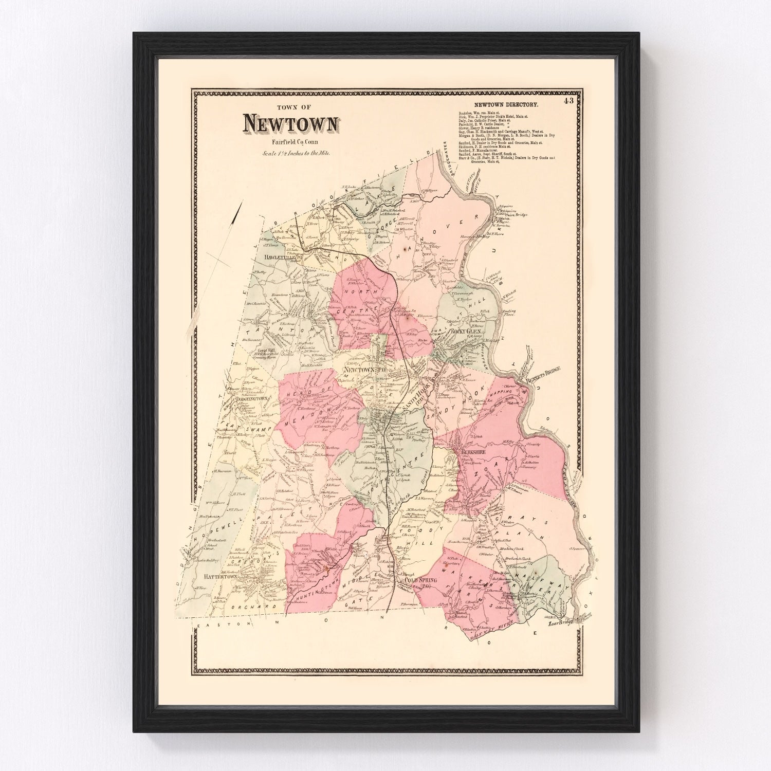 Vintage map of Newtown, Fairfield County, Connecticut, 1867