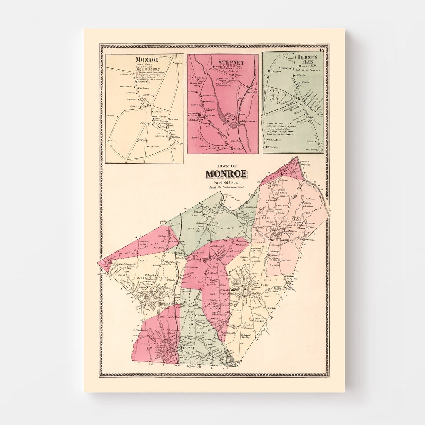 Vintage Map of Monroe, Connecticut, 1867