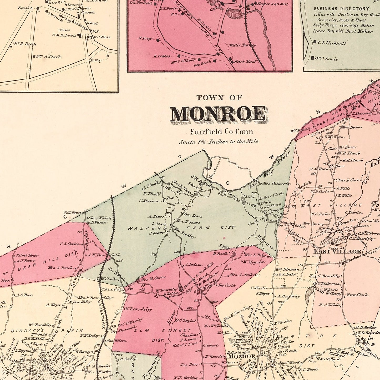 Vintage Map of Monroe, Connecticut, 1867