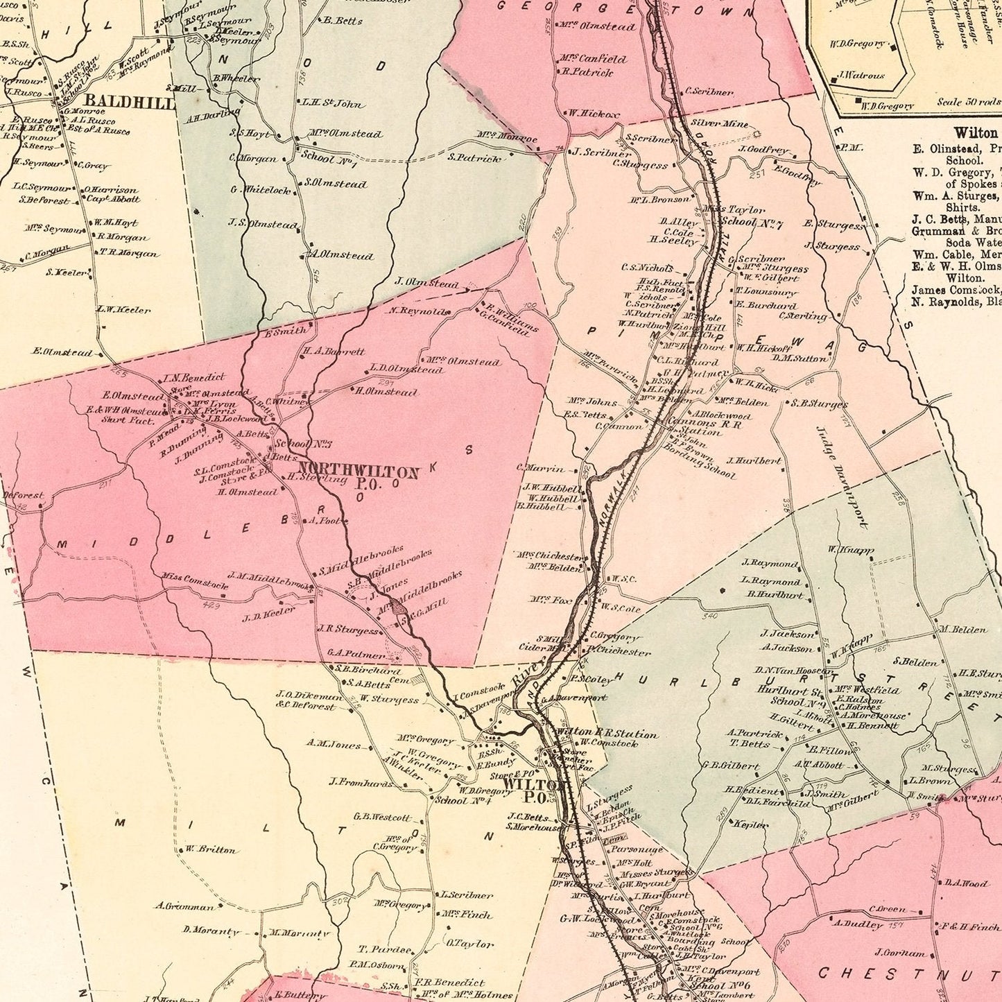 Vintage Map of Wilton, Connecticut, 1867
