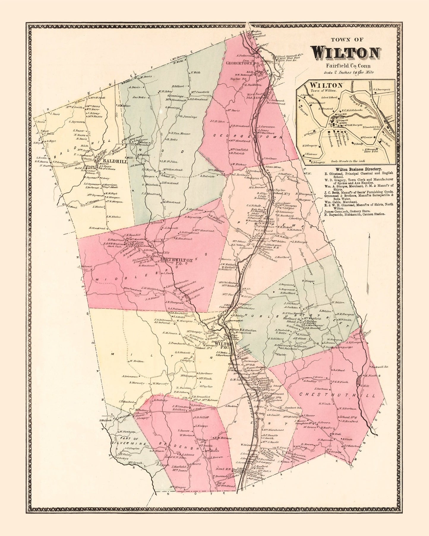 Vintage Map of Wilton, Connecticut, 1867