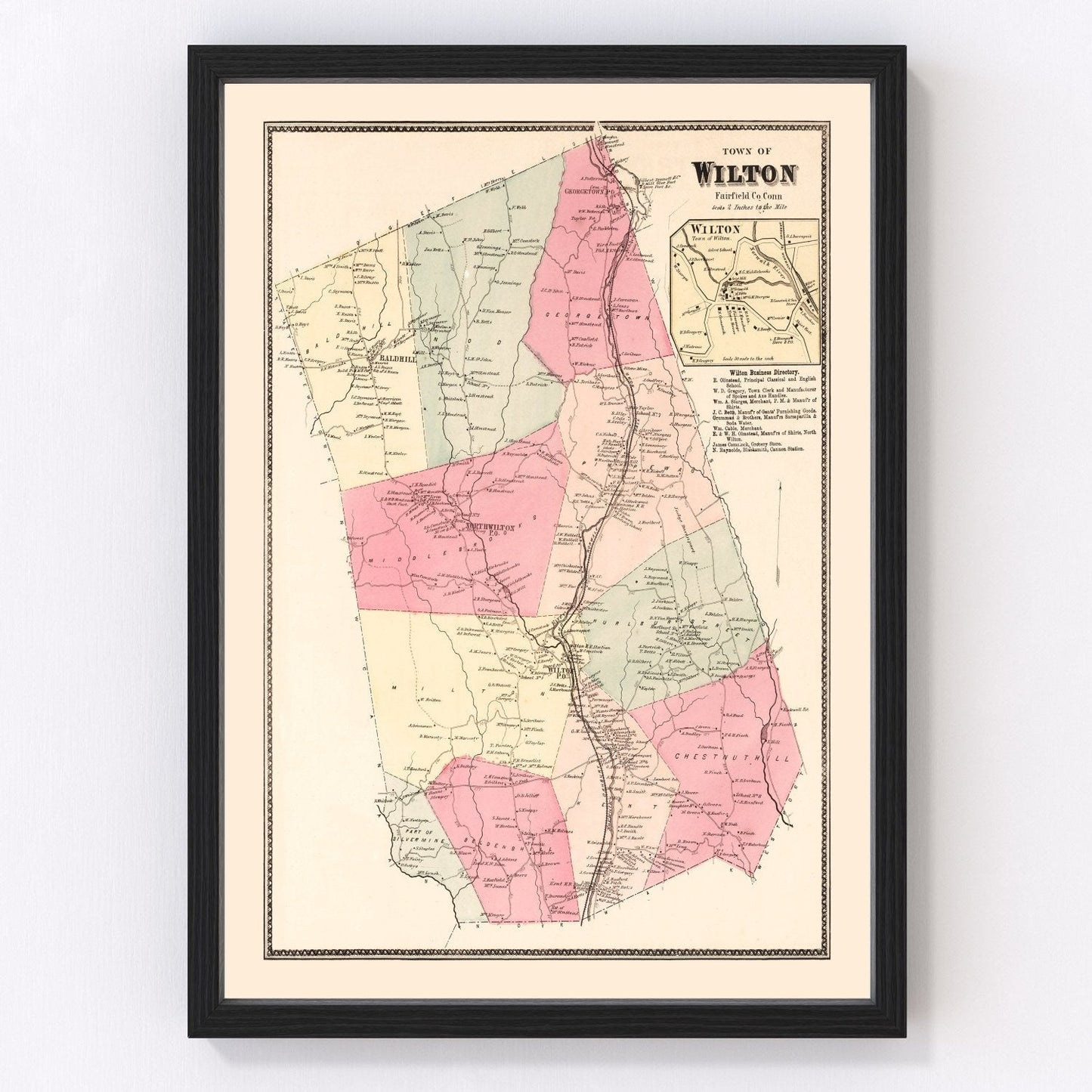Vintage map of Wilton, Connecticut, 1867, Fairfield County restored