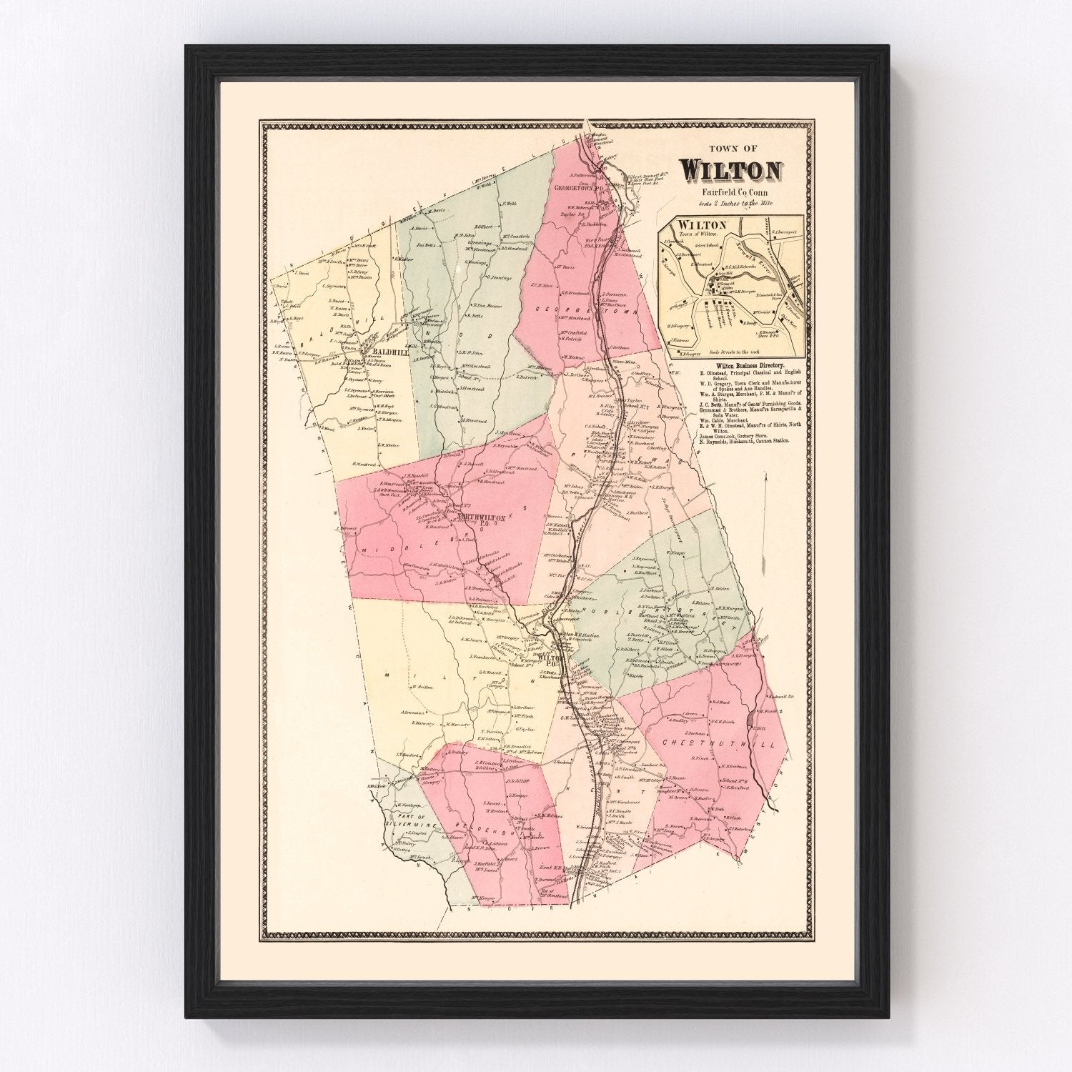 Vintage map of Wilton, Connecticut, 1867, Fairfield County restored