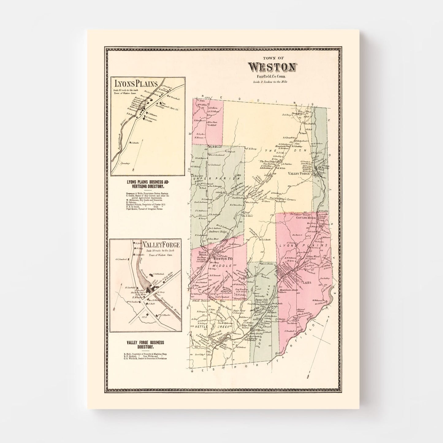 Vintage Map of Lyons Plains, Connecticut, 1867