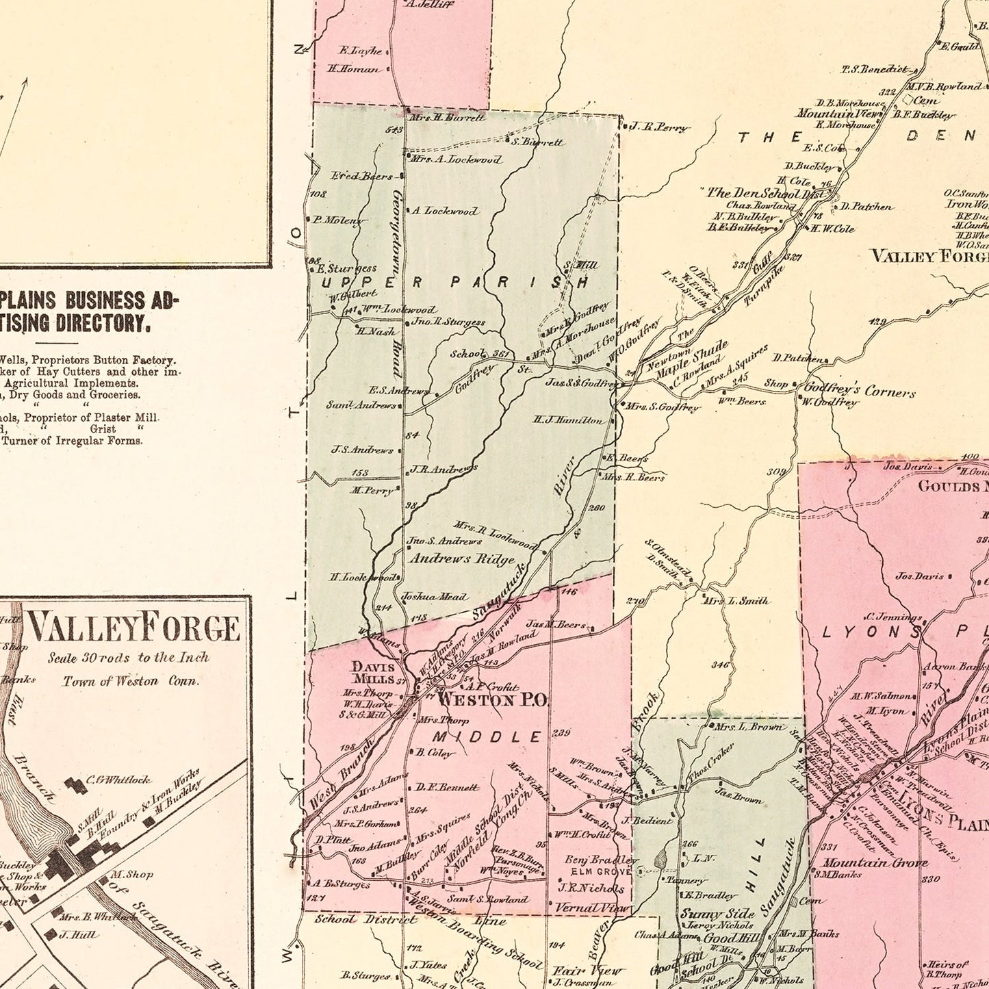 Vintage Map of Lyons Plains, Connecticut, 1867