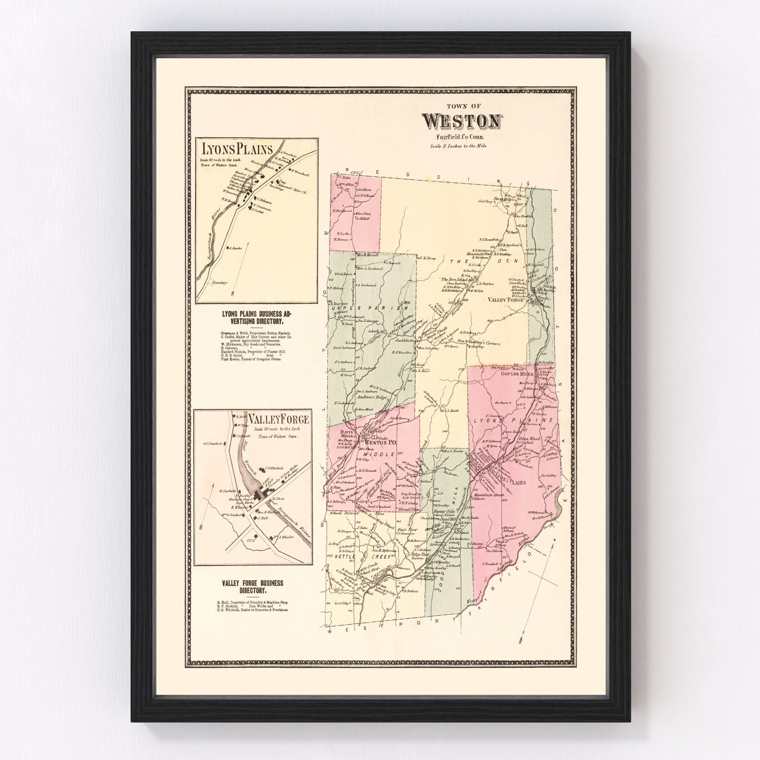 Vintage map of Lyons Plains, Connecticut, 1867