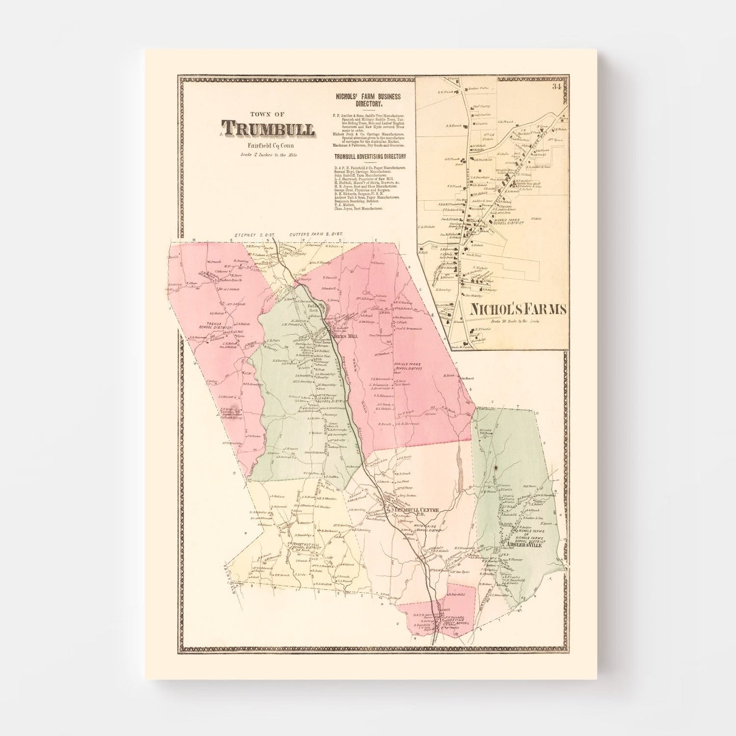 Vintage Map of Nichol's Farms, Connecticut, 1867