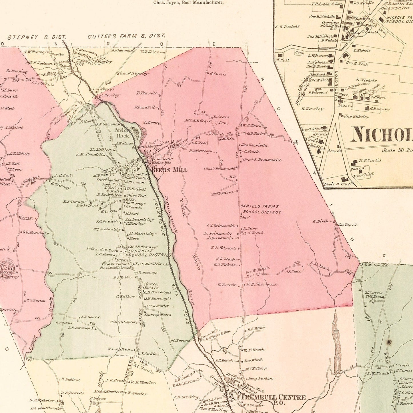 Vintage Map of Nichol's Farms, Connecticut, 1867