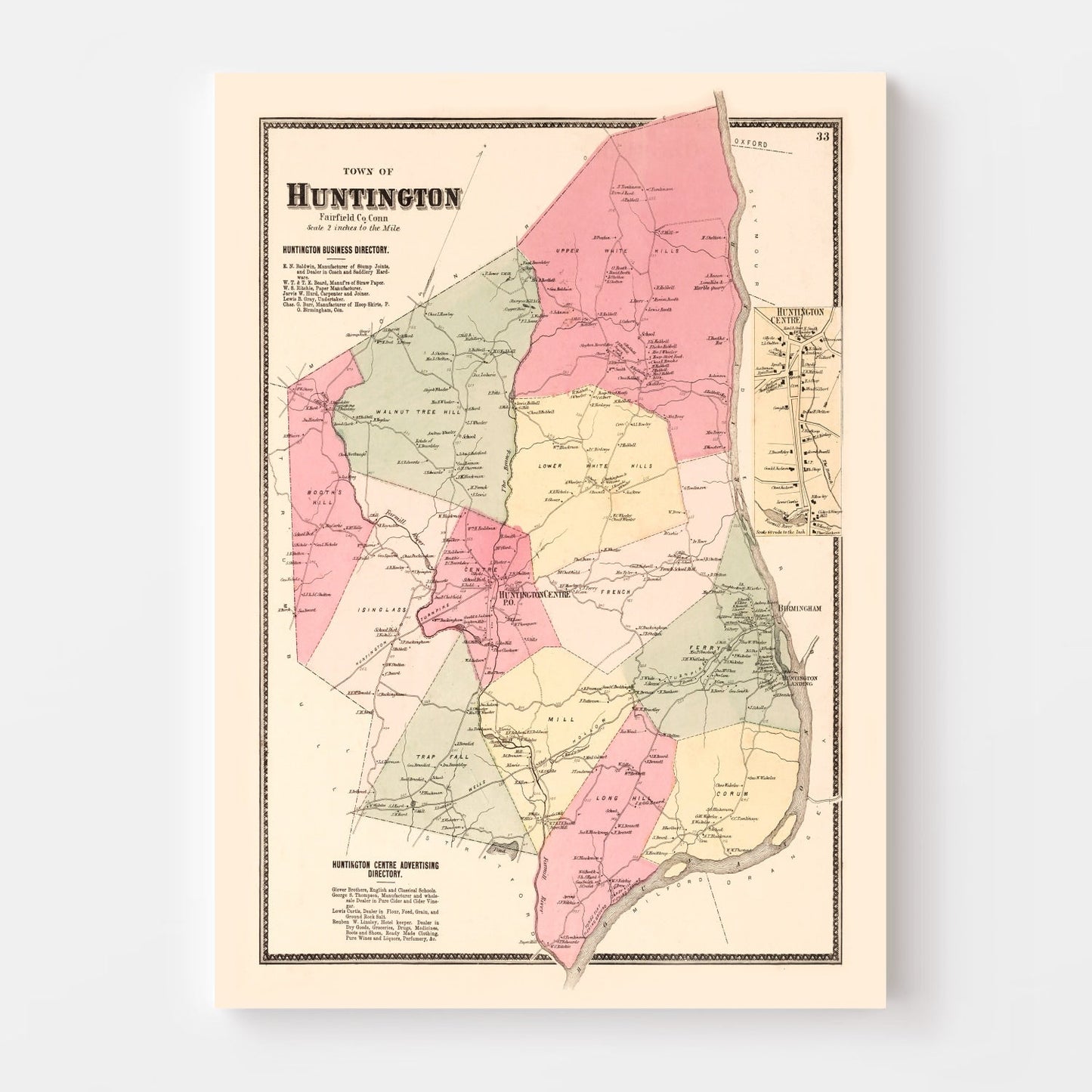 Vintage Map of Huntington Centre, Fairfield County, Connecticut, 1867