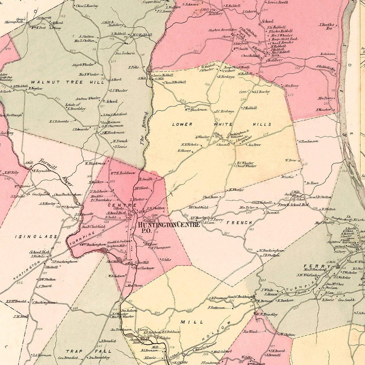 Vintage Map of Huntington Centre, Fairfield County, Connecticut, 1867