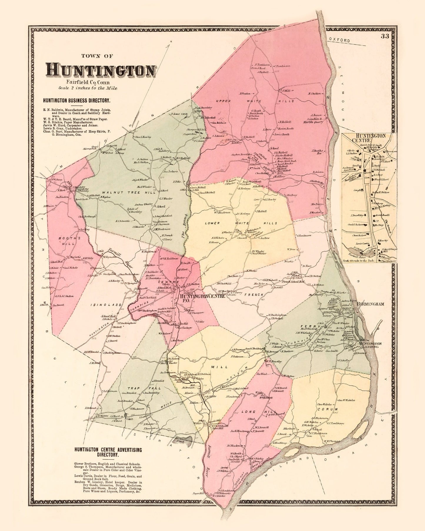 Vintage Map of Huntington Centre, Fairfield County, Connecticut, 1867