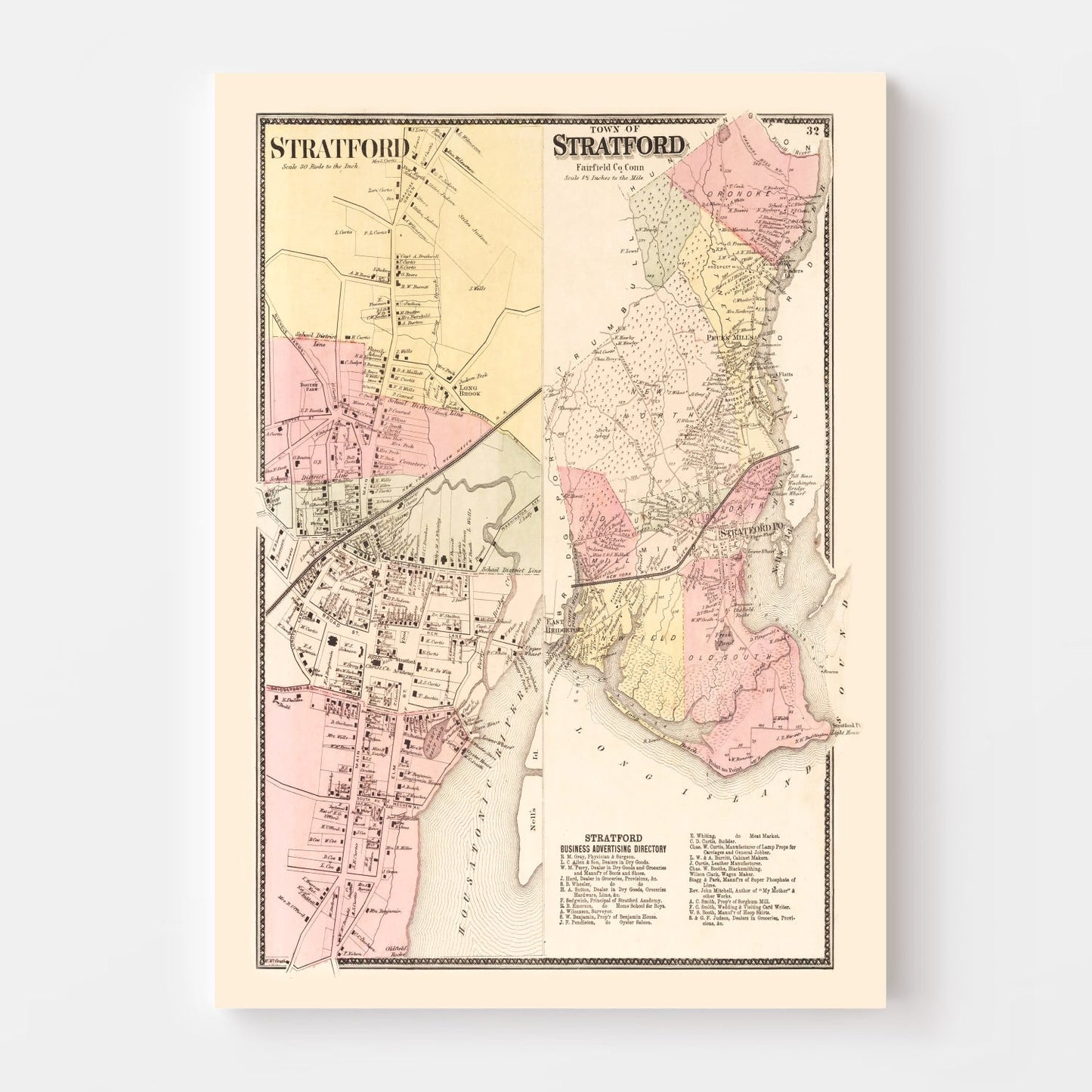 Vintage Map of Stratford, Connecticut, 1867