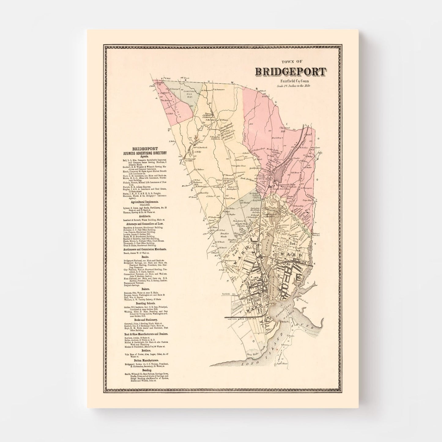 Vintage Map of Bridgeport, Connecticut, 1867