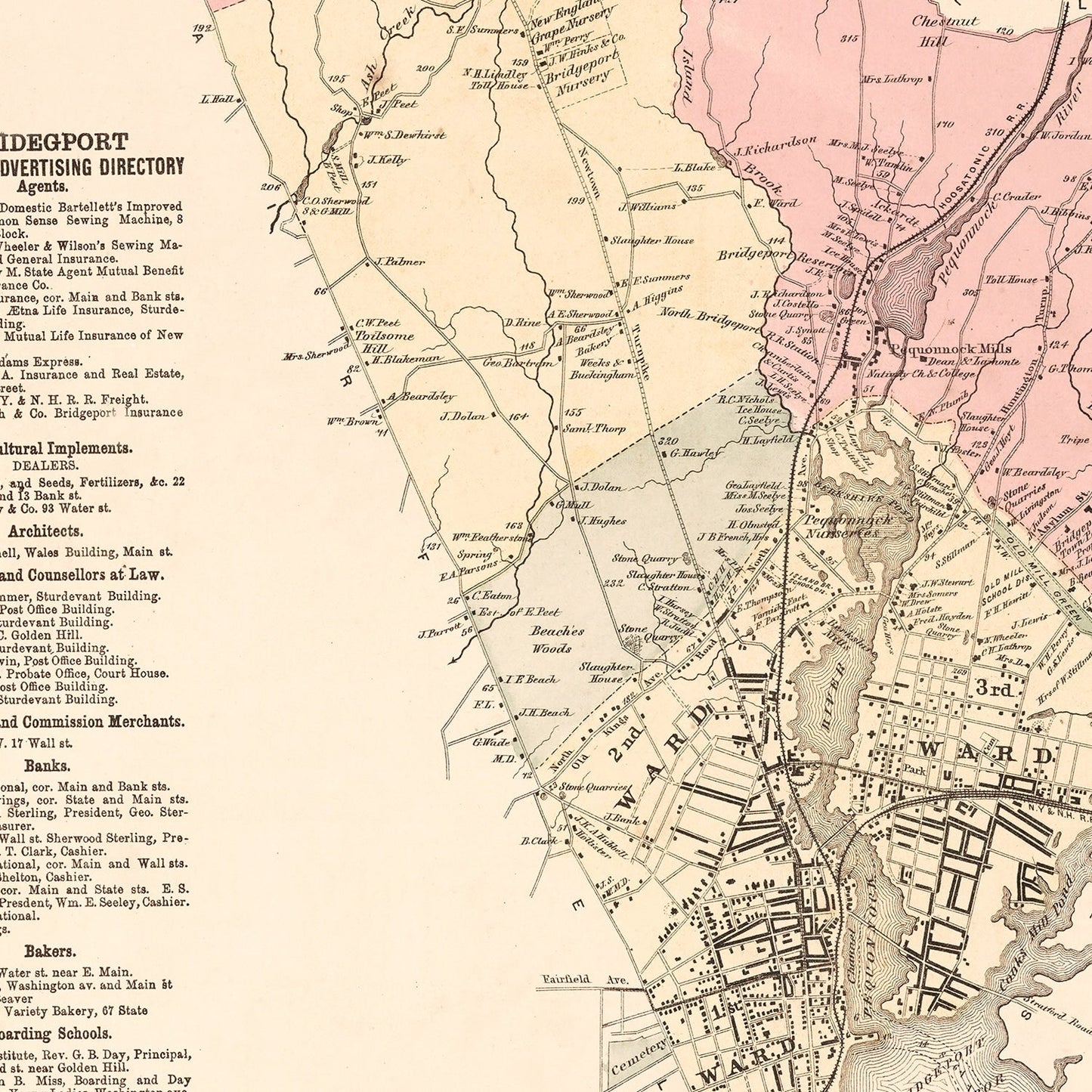 Vintage Map of Bridgeport, Connecticut, 1867