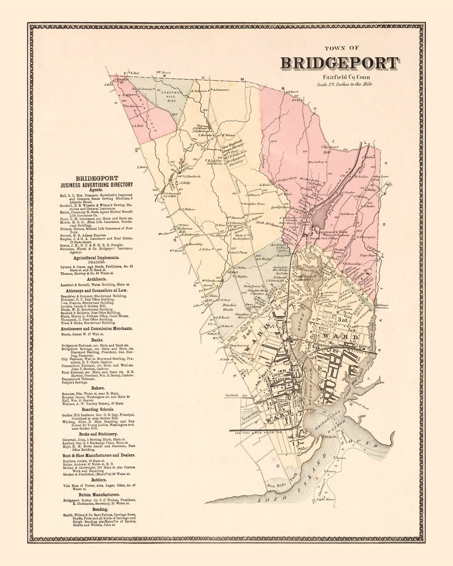 Vintage Map of Bridgeport, Connecticut, 1867