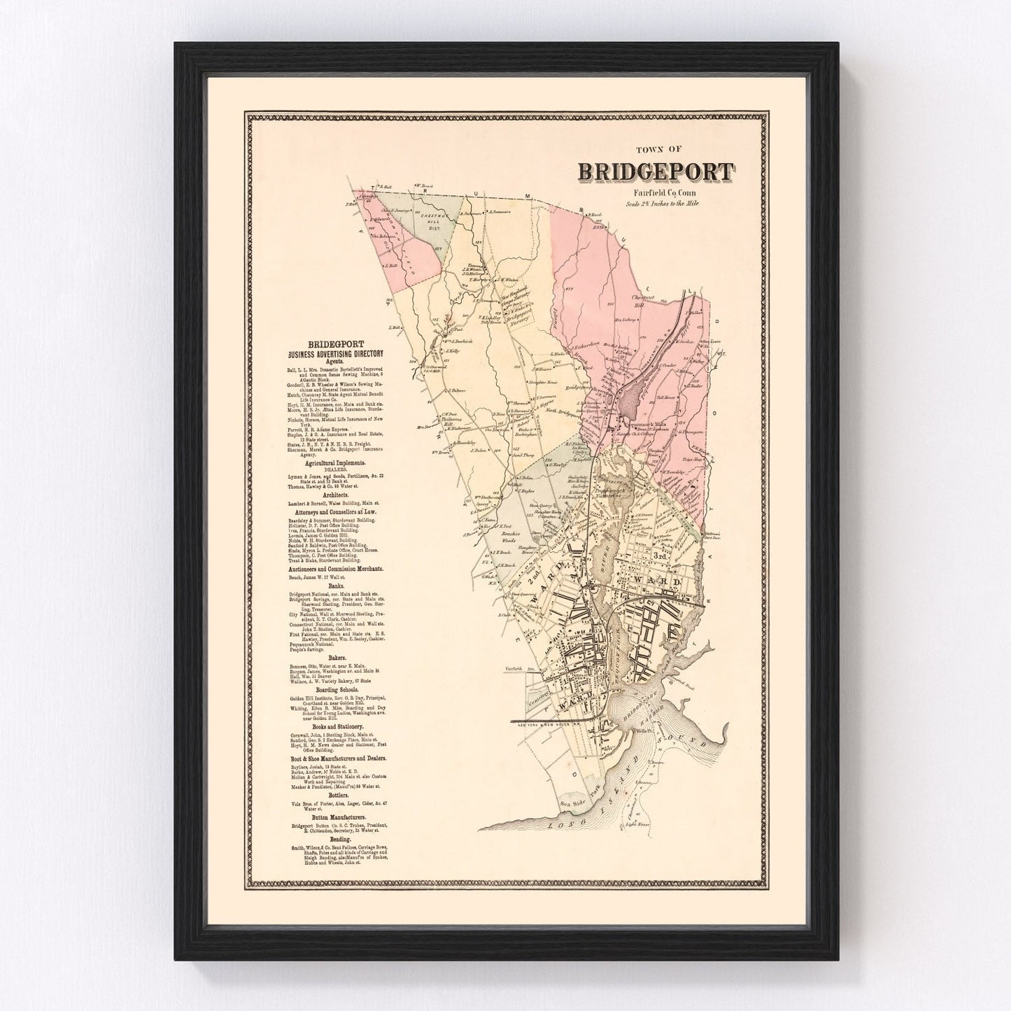 Vintage map of Bridgeport, Fairfield County, Connecticut, 1867, harbor restored print
