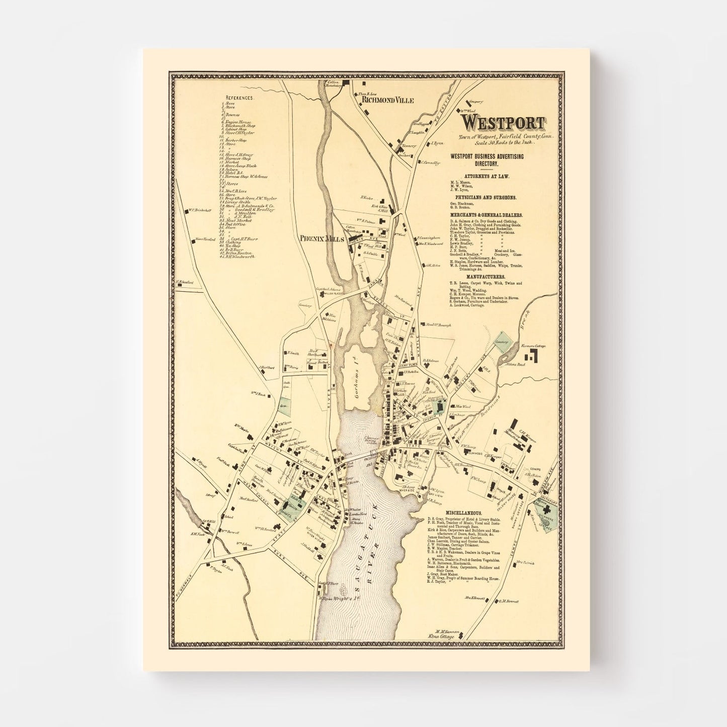 Vintage Map of Westport, Connecticut, 1867