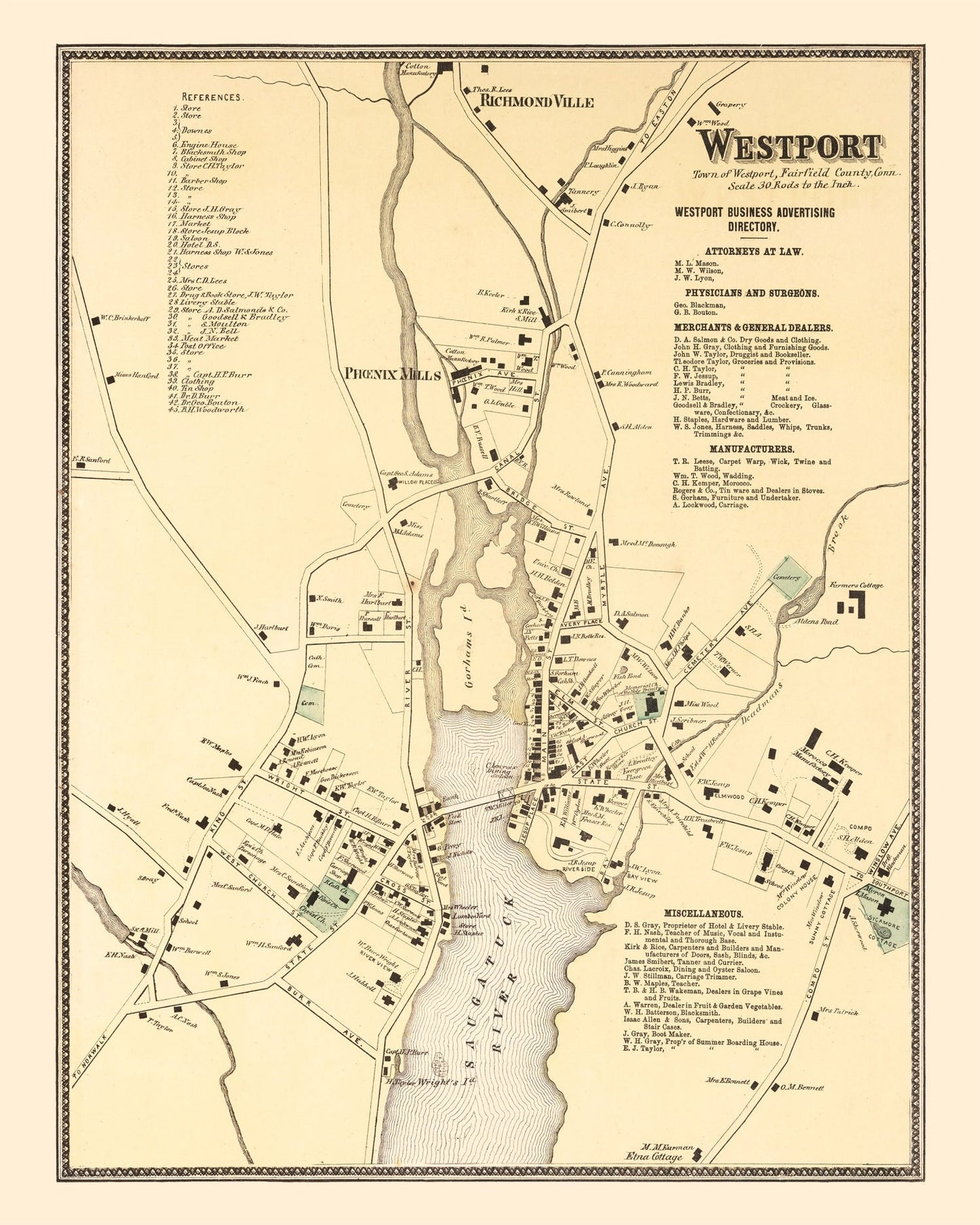 Vintage Map of Westport, Connecticut, 1867