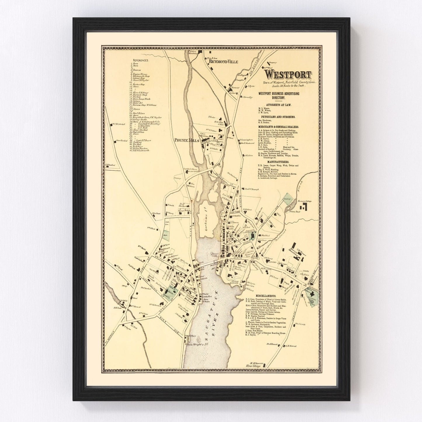 Vintage map of Westport, Connecticut, 1867, Fairfield County coast and Saugatuck River