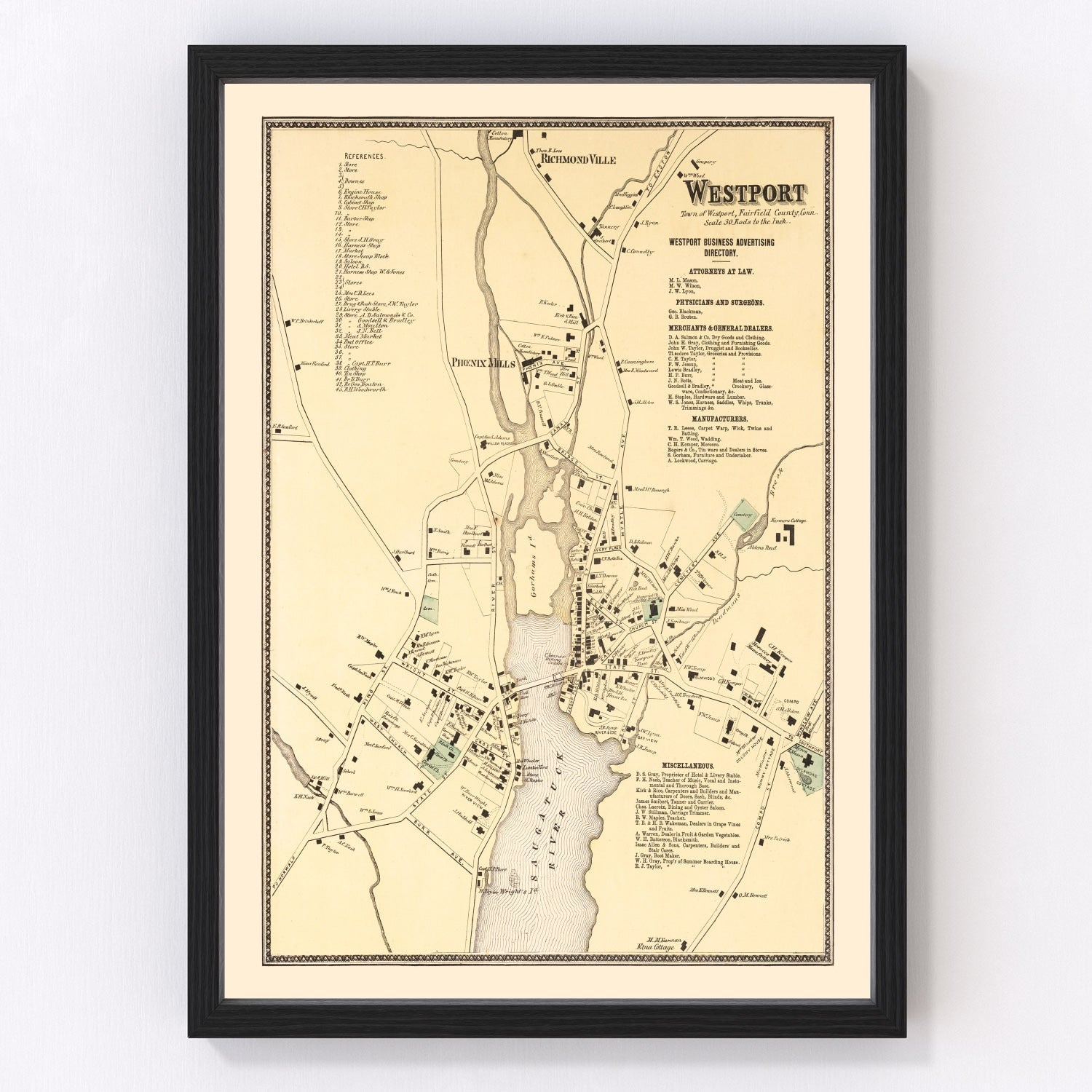 Vintage map of Westport, Connecticut, 1867, Fairfield County coast and Saugatuck River