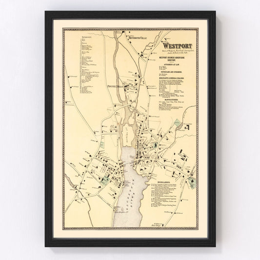 Vintage map of Westport, Connecticut, 1867, Fairfield County coast and Saugatuck River