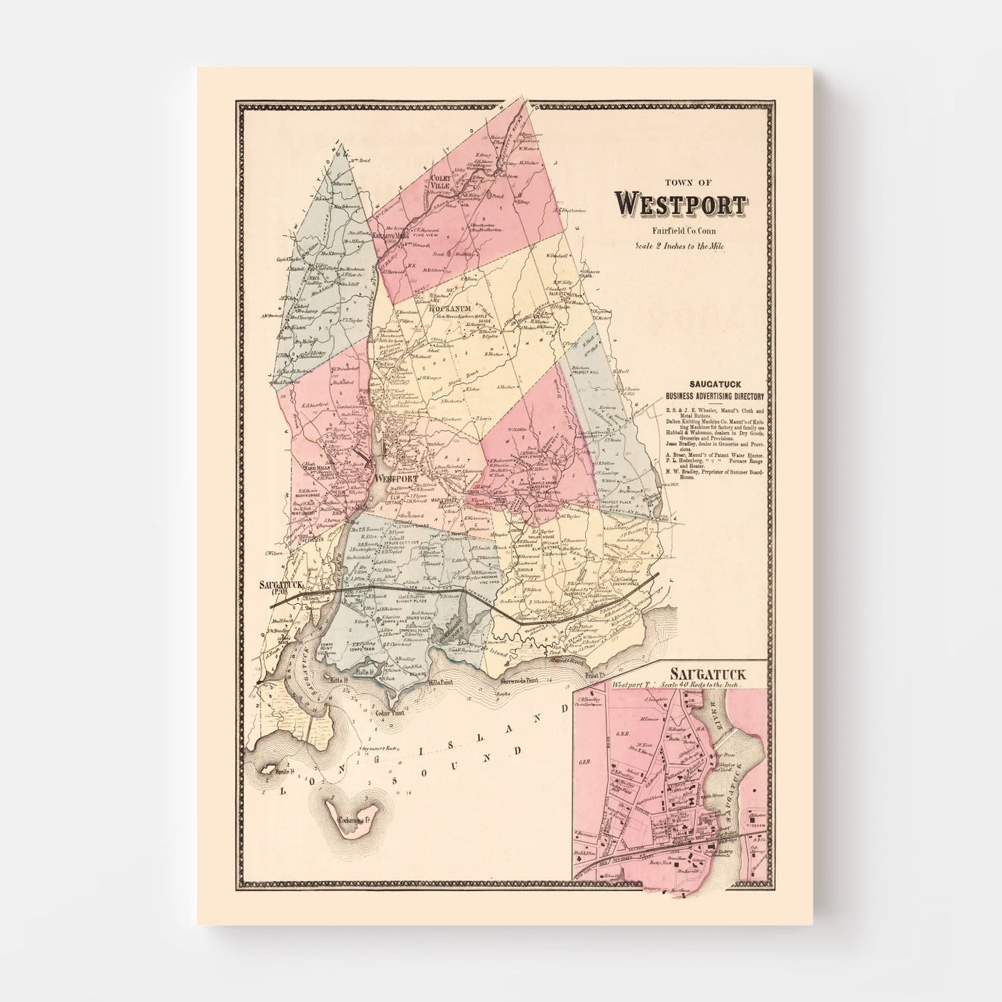 Vintage Map of Saugatuck, Connecticut, 1867