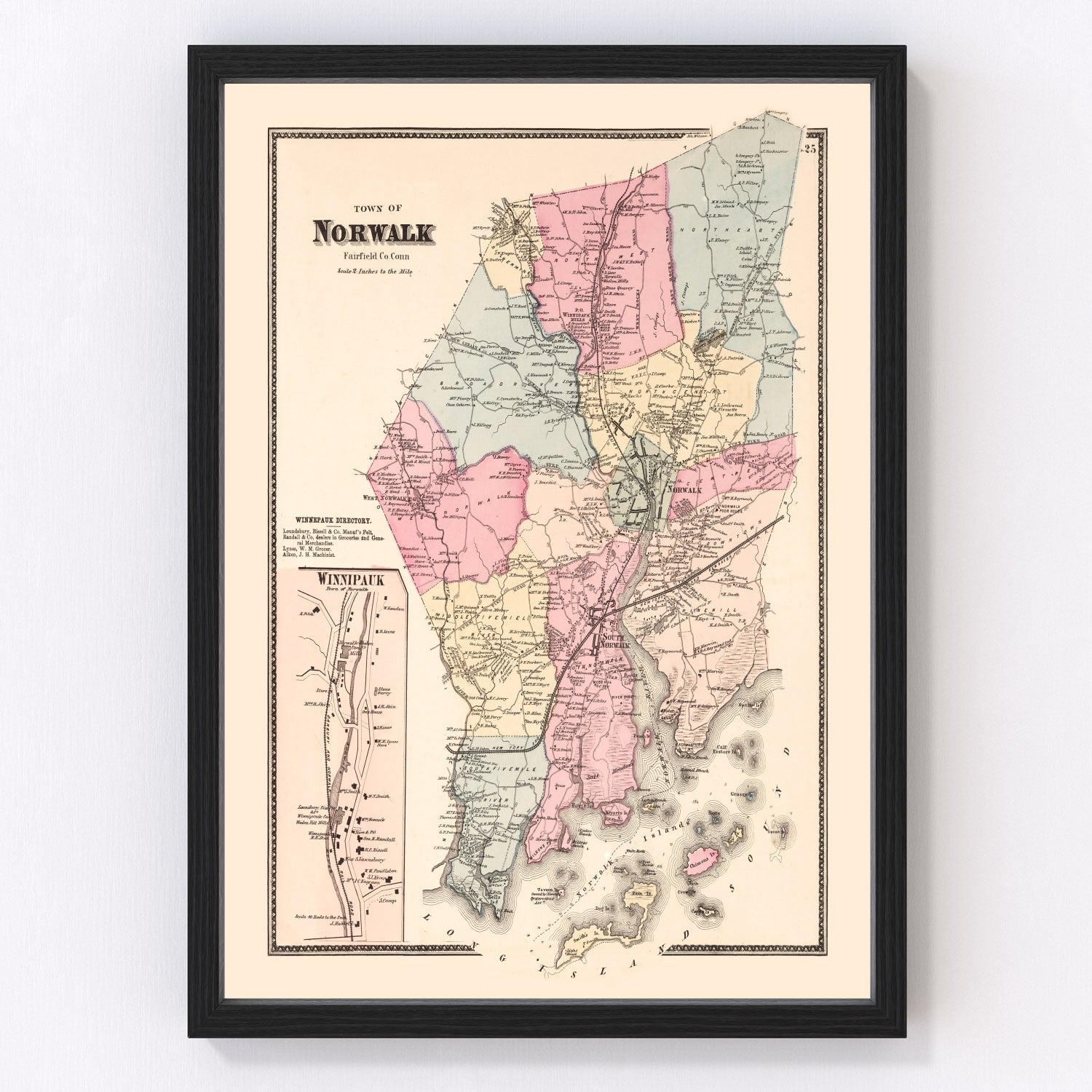 Vintage map of Winnipauk, Connecticut, 1867, Fairfield County restored wall art print