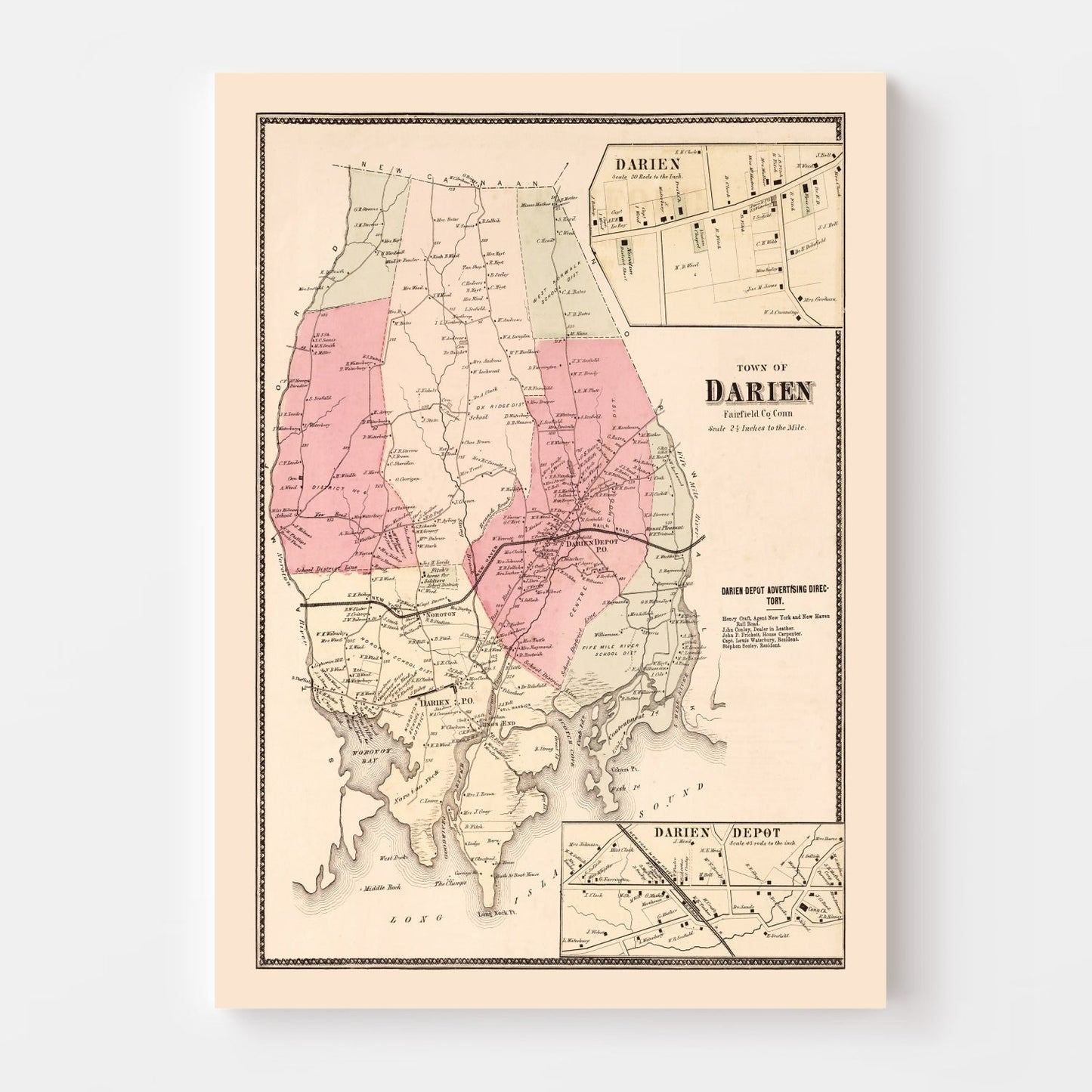 Vintage Map of Darien, Connecticut, 1867