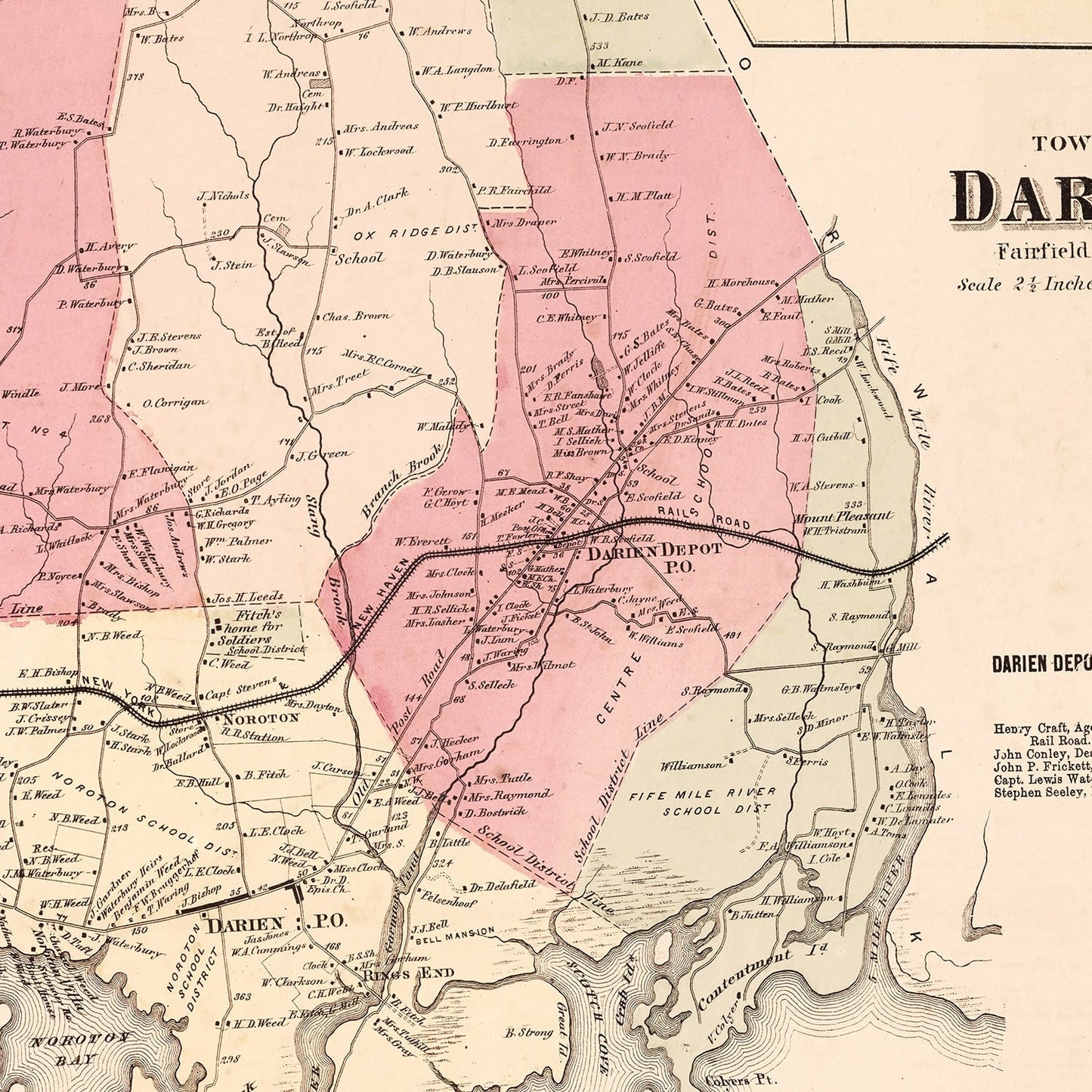 Vintage Map of Darien, Connecticut, 1867