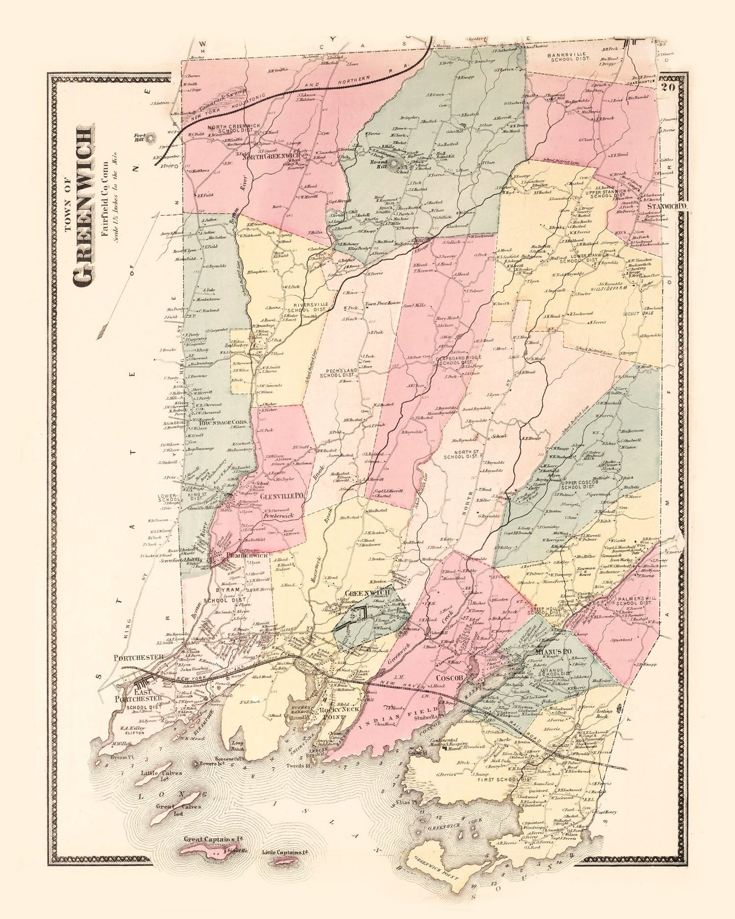 Vintage Map of Greenwich, Connecticut, 1867