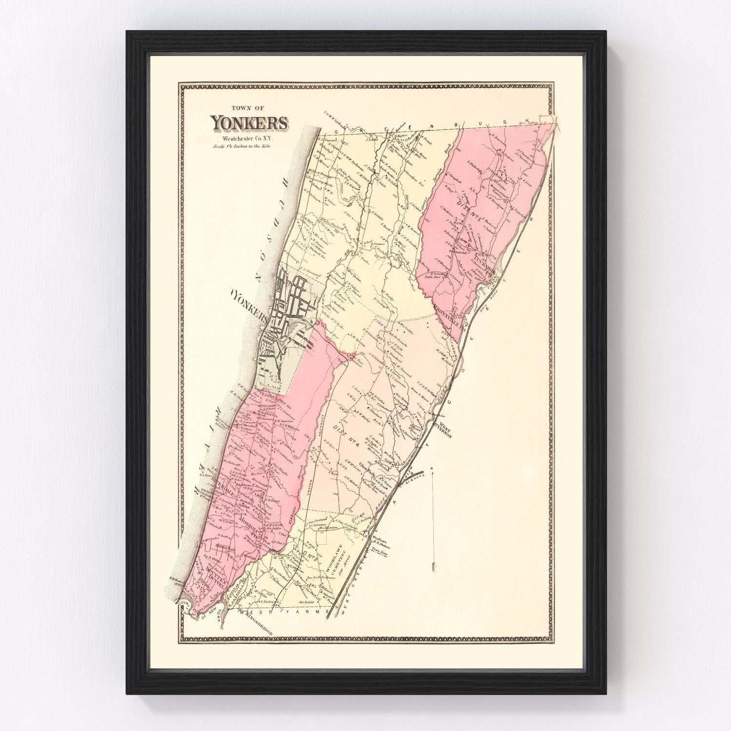 Vintage restored map of Yonkers, New York, 1867